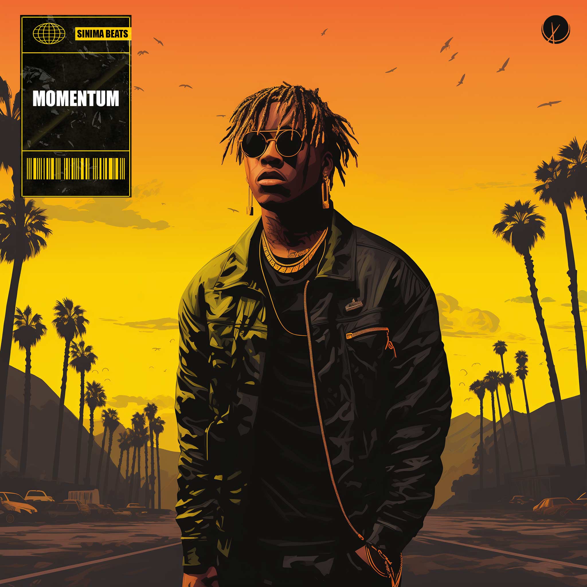 A dynamic promotional image for 'Momentum Instrumental,' featuring a young rapper in a vibrant setting, symbolizing energy and forward motion.
