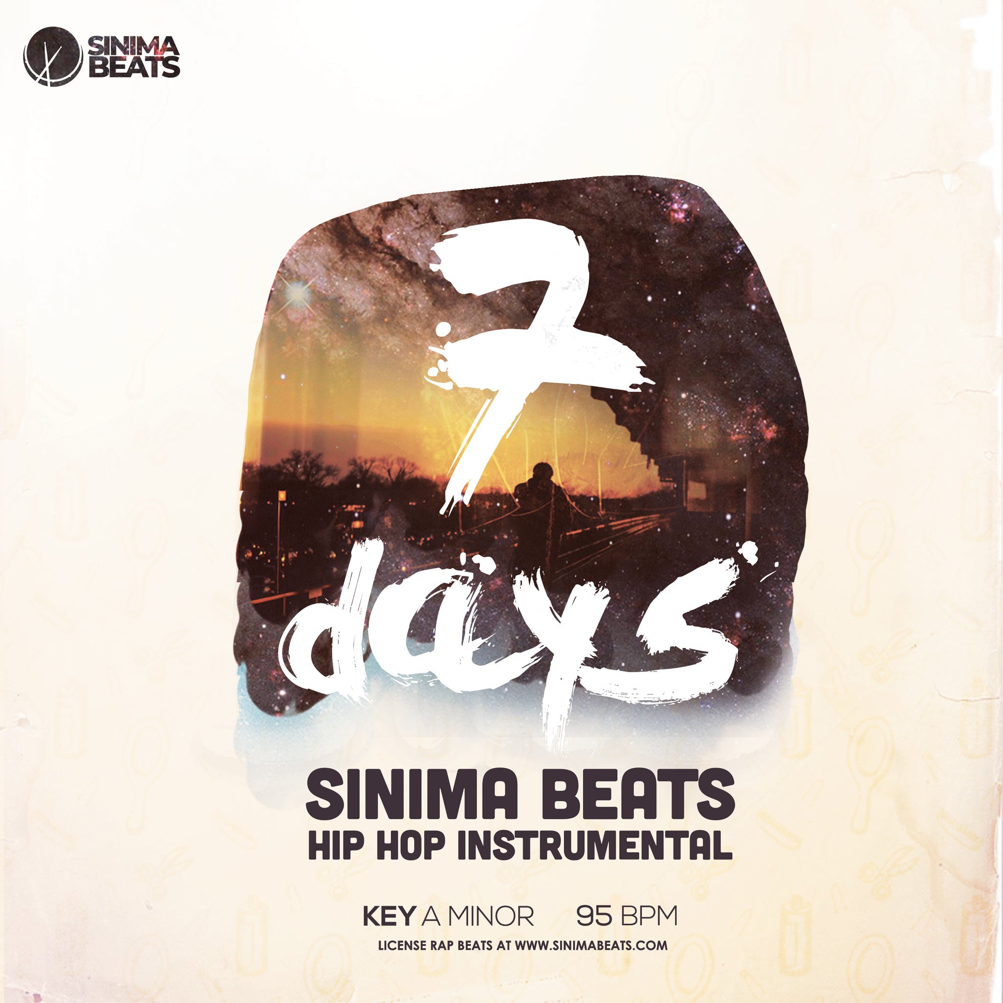 7 Days hip hop cover art design featuring a dramatic rap instrumental theme. The artwork shows a bold silhouette standing on a train station platform under a moody evening sky, captured in a cinematic photograph with textured overlay. Perfect visual style for hip hop, rap beat. - SINIMA BEATS