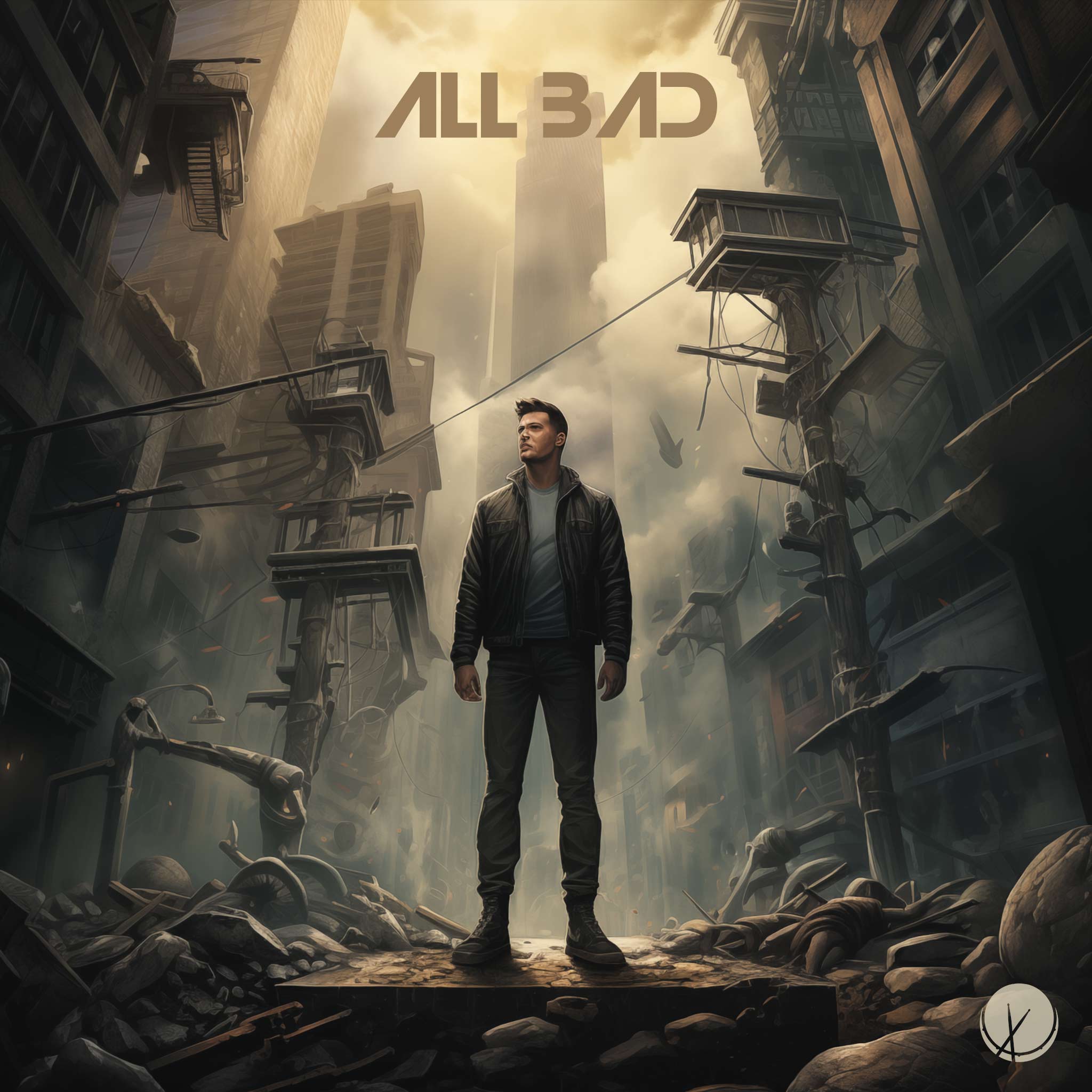 Cover art featuring a man standing amidst the ruins of a city, portraying the aftermath of a natural disaster or war, evoking a powerful sense of resilience and survival.