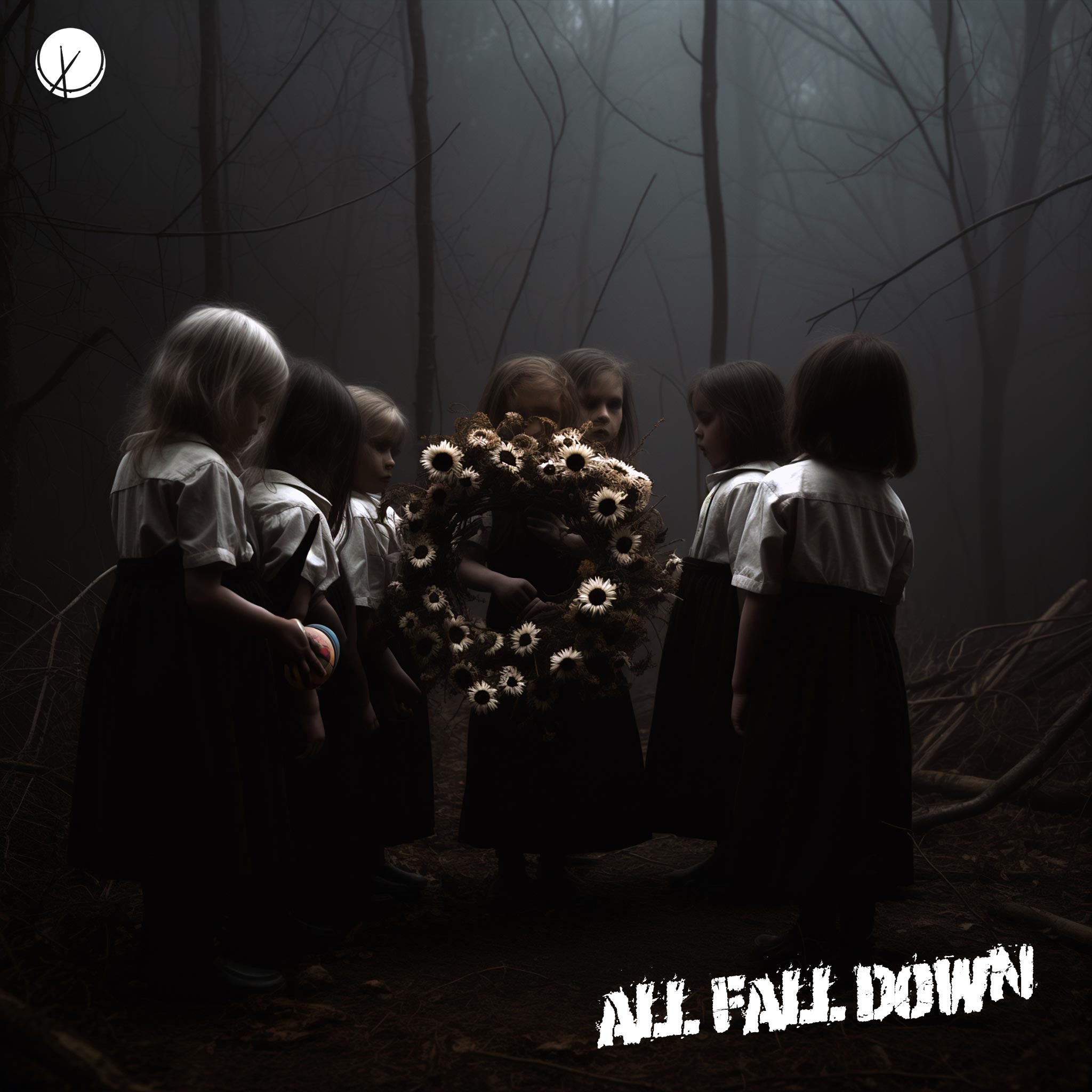 Cover art portraying young children in school clothes outfits holding hands in a creepy scene of 'Ring Around the Rosie' in the woods at nighttime. The eerie vibe adds a haunting atmosphere to the composition