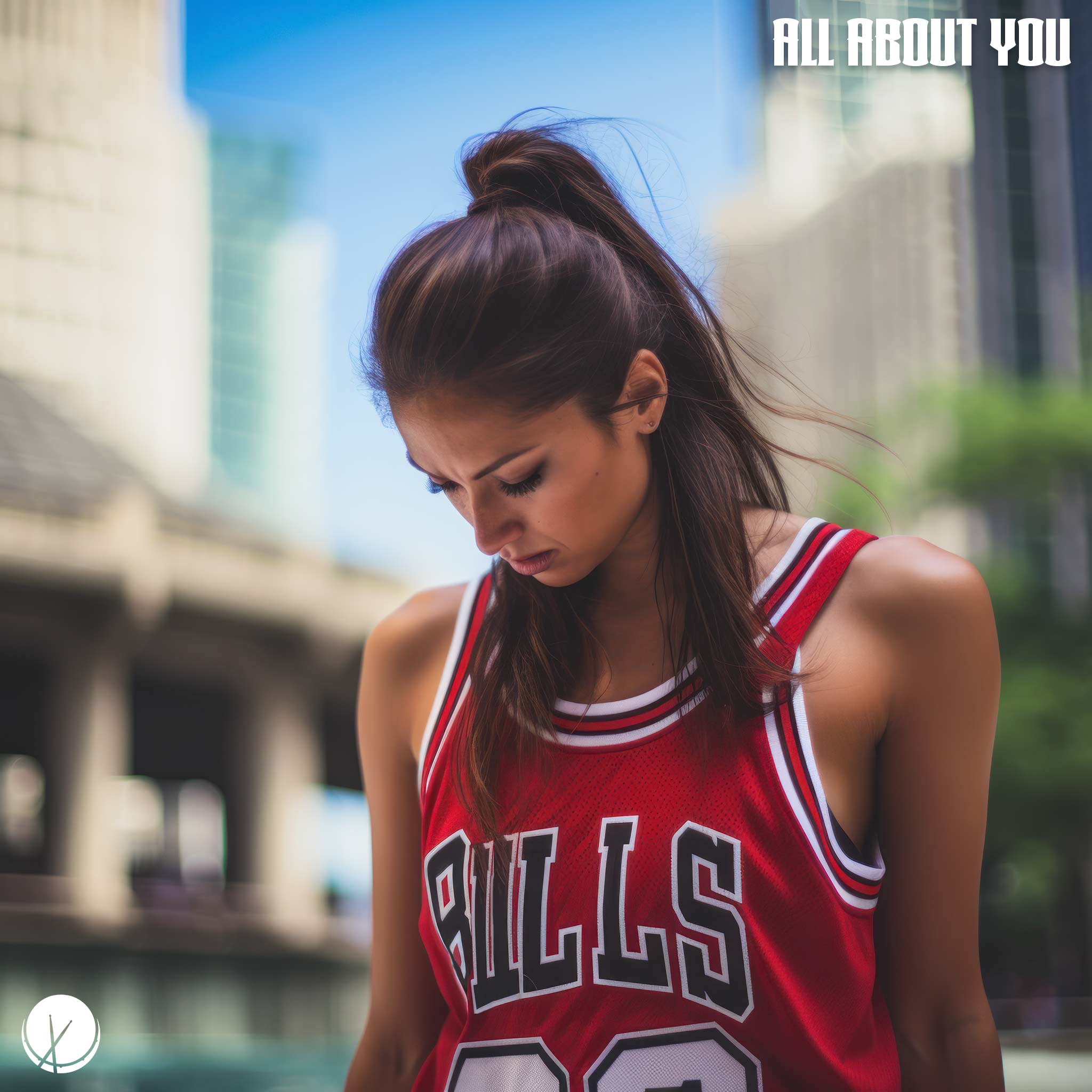 Beautiful Brunette Young Woman, Early 20's, Wearing Chicago Bulls Jersey, Jordan Number 23. Title: "All About You."