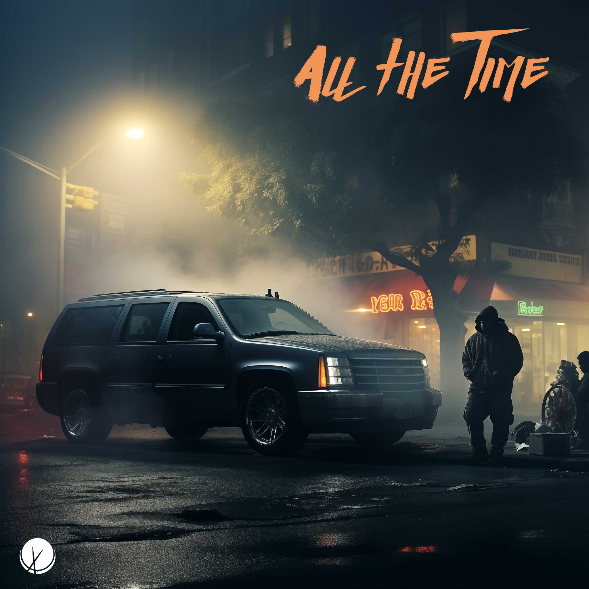 All the Time: Dark New York Street Outside a Bodega at Night. A Man in Urban Clothing with Hood Covering Head Walks Towards Black Escalade in a Foggy and Dangerous Atmosphere.