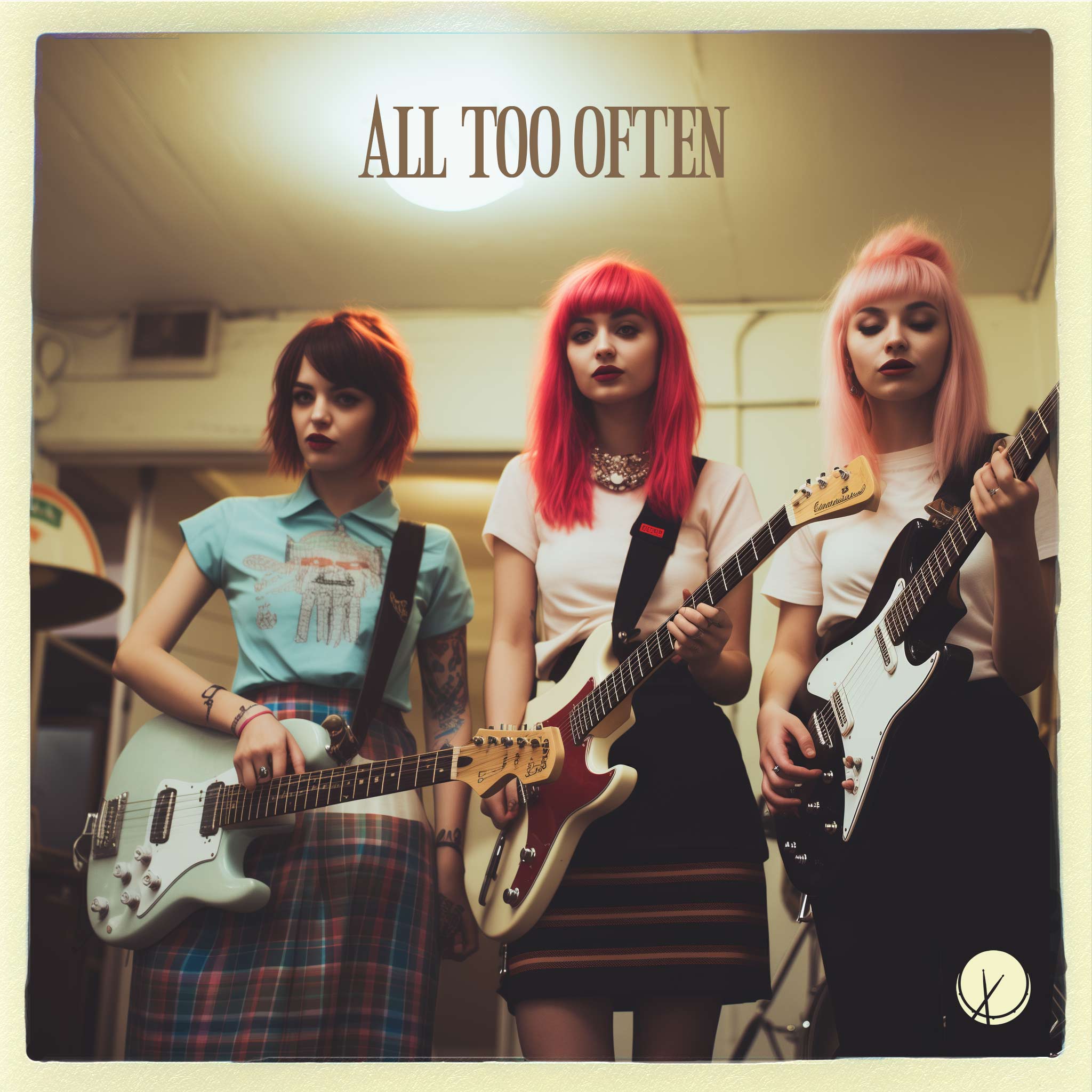 Three young girls in punk rock outfits, holding guitars with dyed hair and makeup, captured in the dressing room, emitting a grunge vibe.