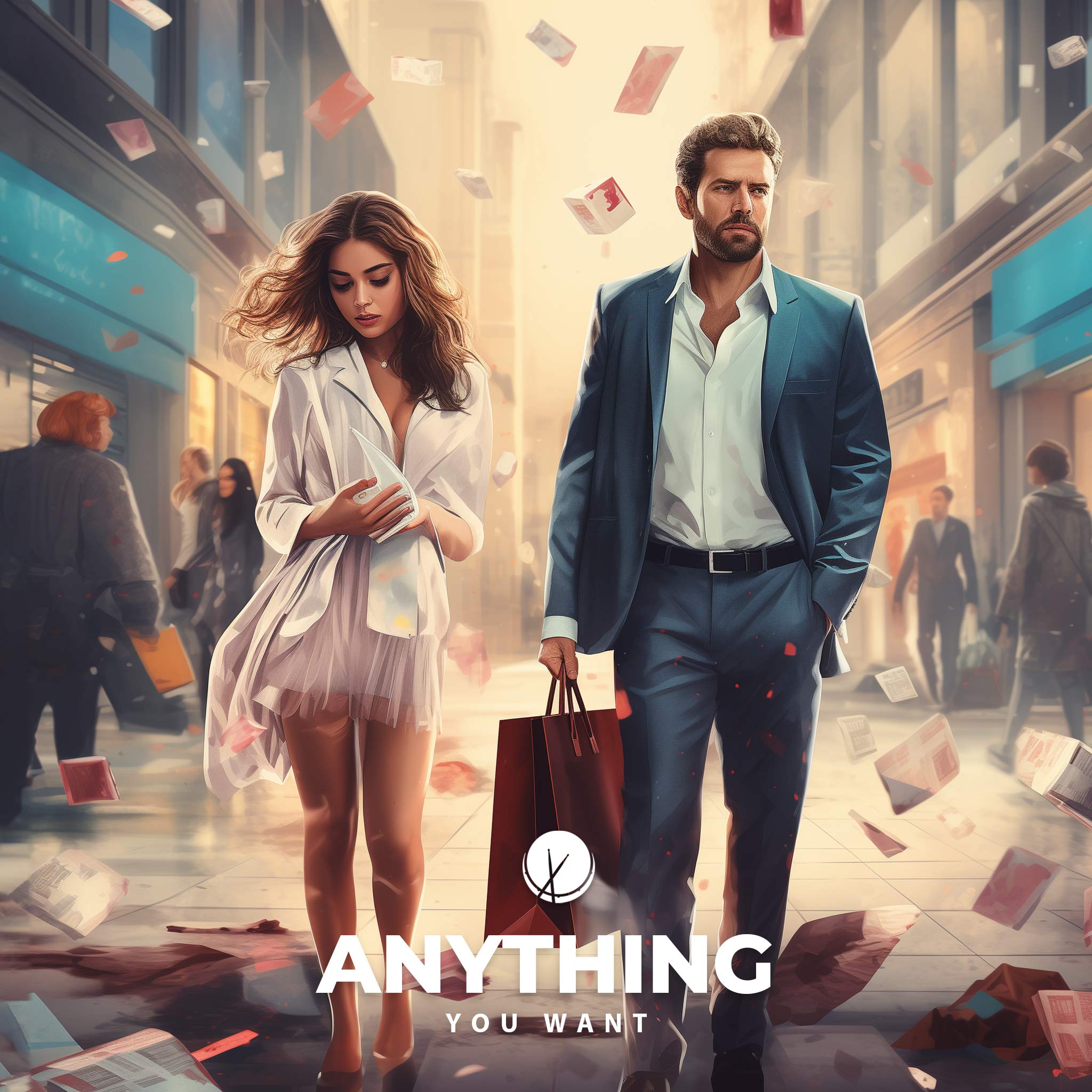 Well-dressed couple walking through the mall, joyfully carrying shopping bags, expressing a sense of luxury and satisfaction.