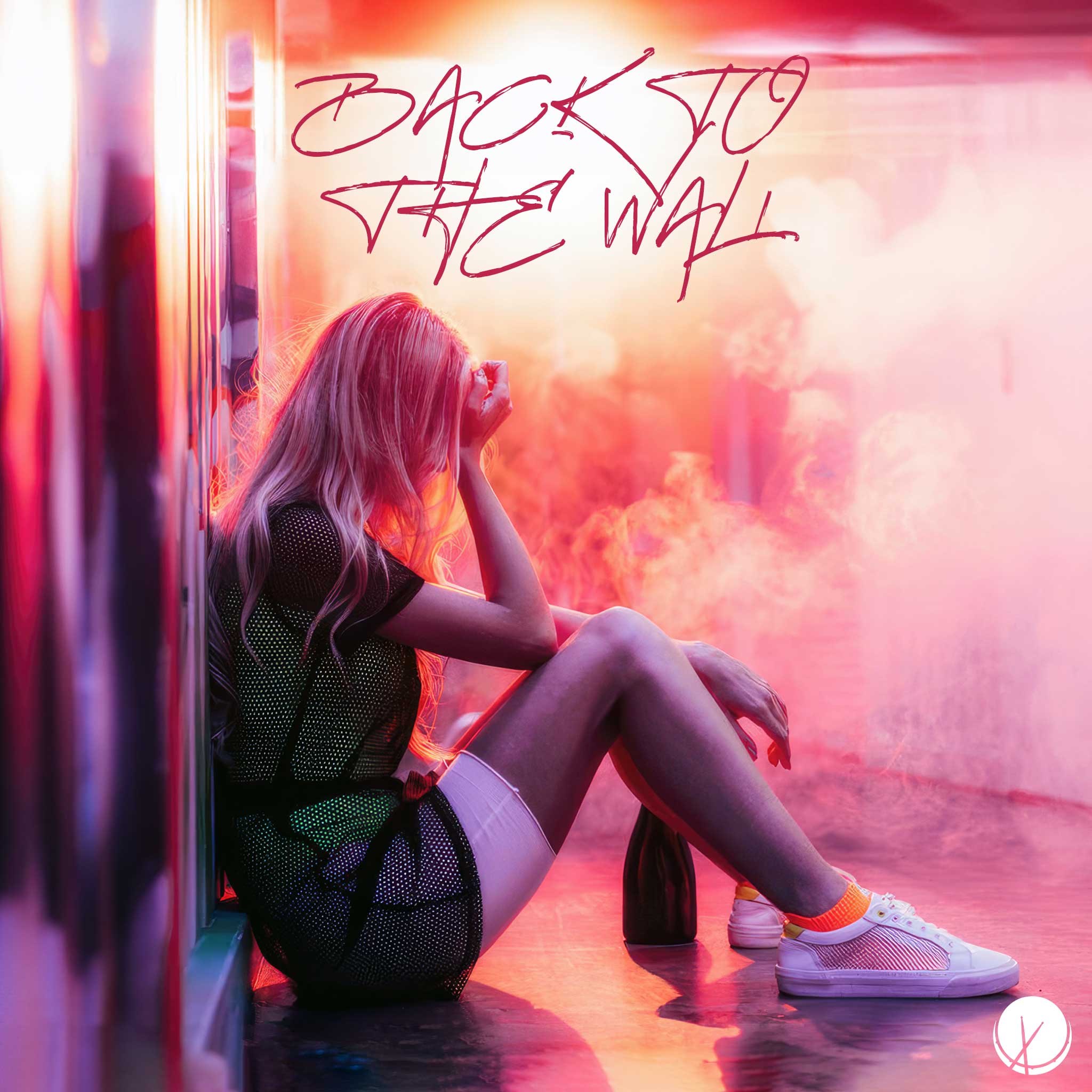 Edgy image titled "Back to the Wall" featuring a blonde young woman. She wears a black mesh outfit with shorts and white sneakers, sitting on the floor with her back against the wall. The scene is accentuated by smoke and a pink hue, creating a dynamic and atmospheric composition.
