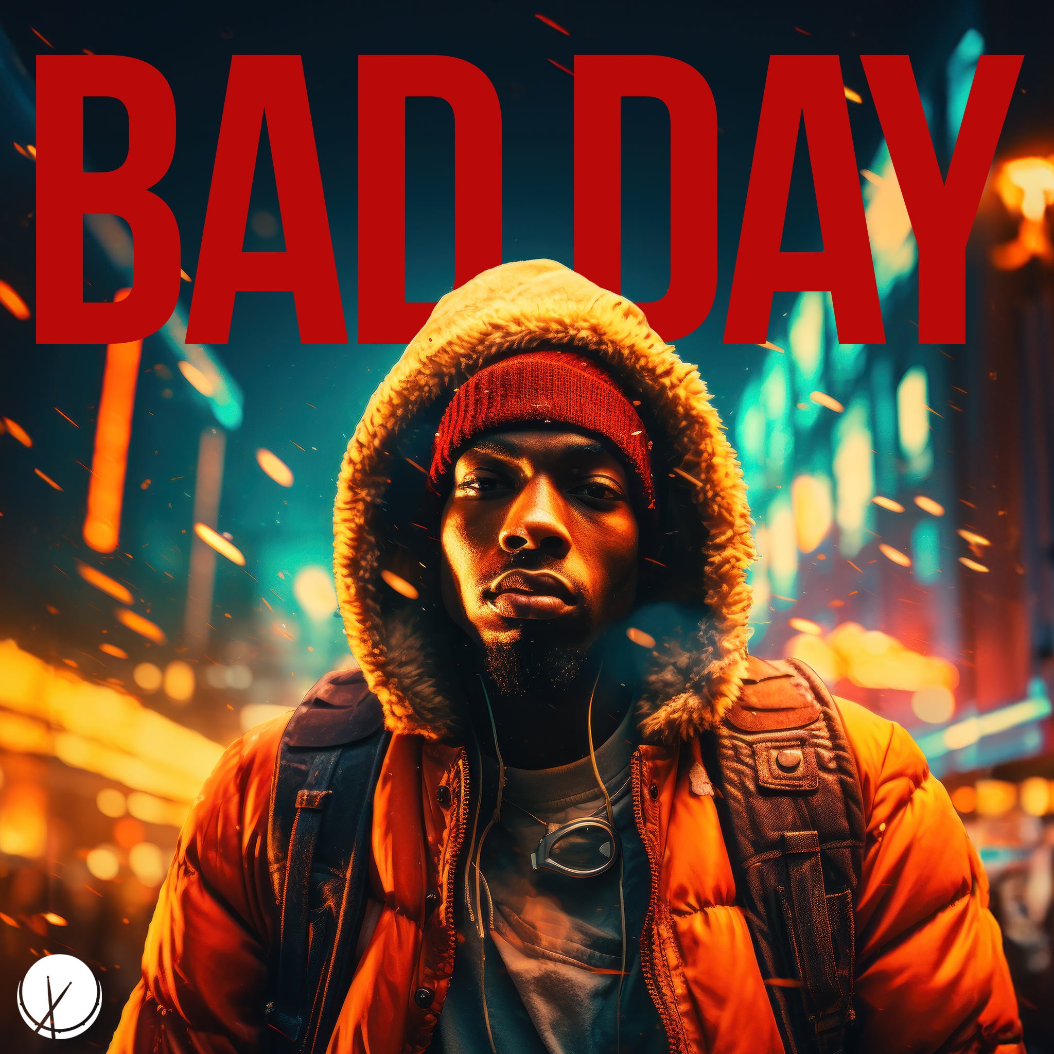 Impactful scene titled "Bad Day" featuring a handsome black man in an orange hooded coat in a winter scene with an urban city background. The atmosphere is set at nighttime, capturing a serious facial expression and evoking a sense of contemplation.