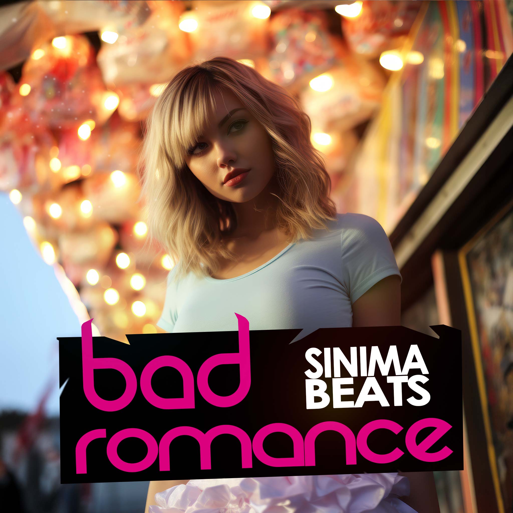 Image of a beautiful blonde girl wearing a white tank top and a short pink skirt outside, with light particles and vibrant colors. Title: "Bad Romance."