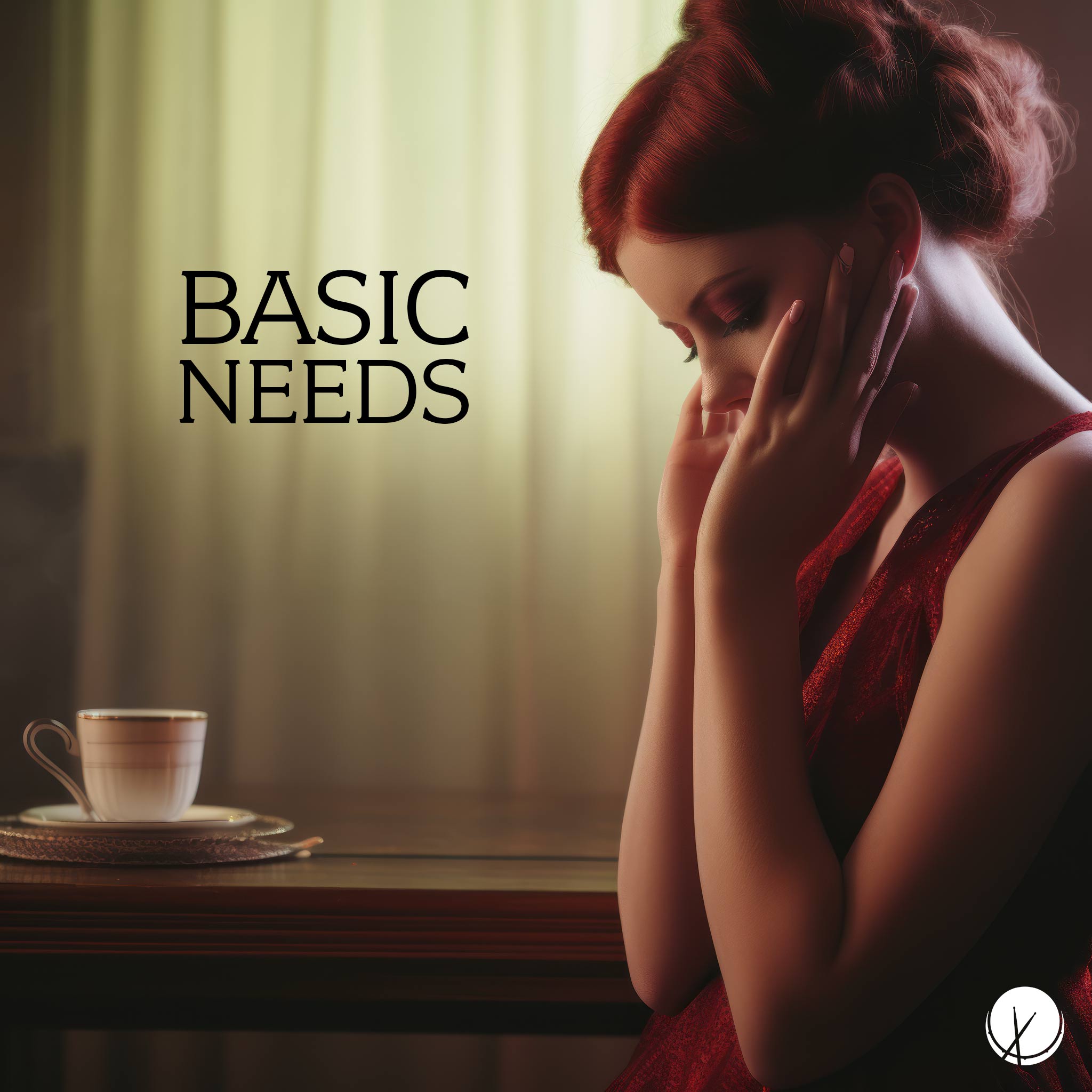 Woman in Red Dress, Sitting at a Table with Teacup, Appearing to be Stressed Out. Title: "Basic Needs."