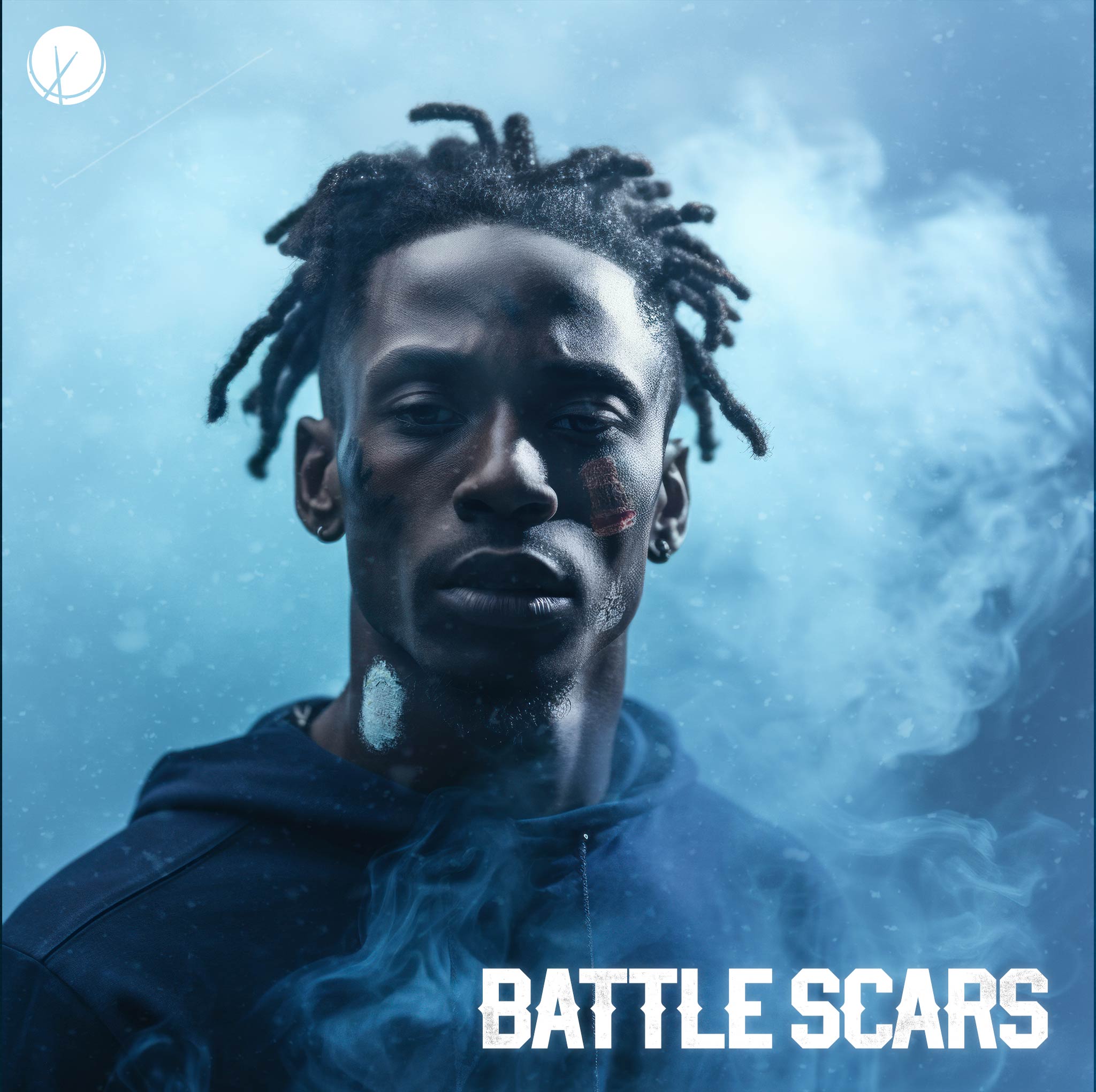 Powerful scene titled "Battle Scars" featuring a young black man with blue-dyed dreadlocks, shirtless, facing the opposite direction from waist up. The background has a blue gradient hue, accompanied by smoke and fog, creating a compelling and atmospheric composition.