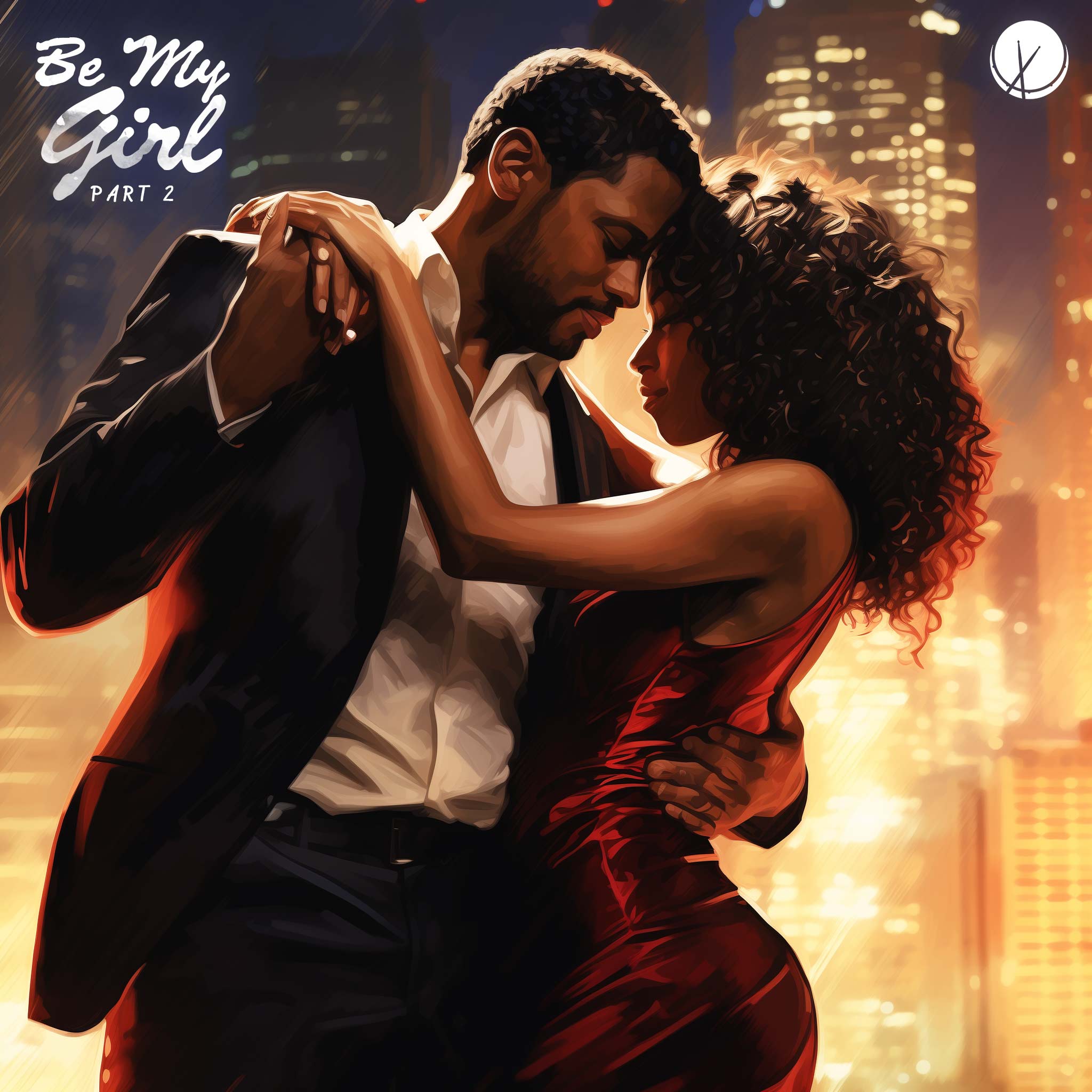 Be My Girl Part 2: Black Man Dancing with Black Woman in Silky Red Fitted Dress, City Lights Behind Them in Background.