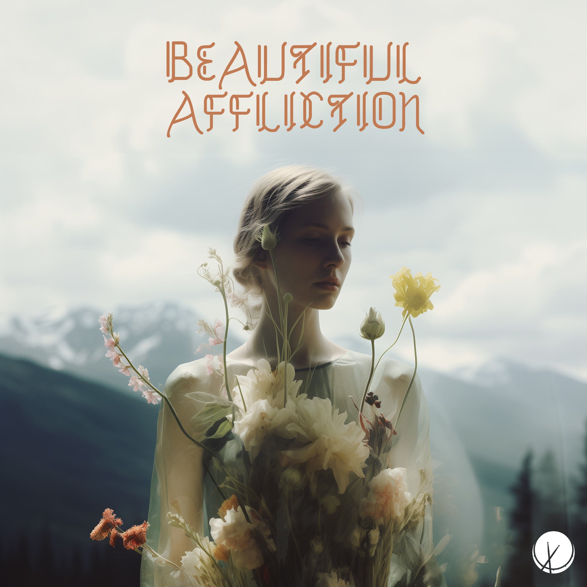 Elegant scene titled "Beautiful Affliction" featuring a blind woman in a sheer white dress holding a bouquet of flowers. The background consists of mountains, creating a calm and silent atmosphere, contributing to the overall serene composition.