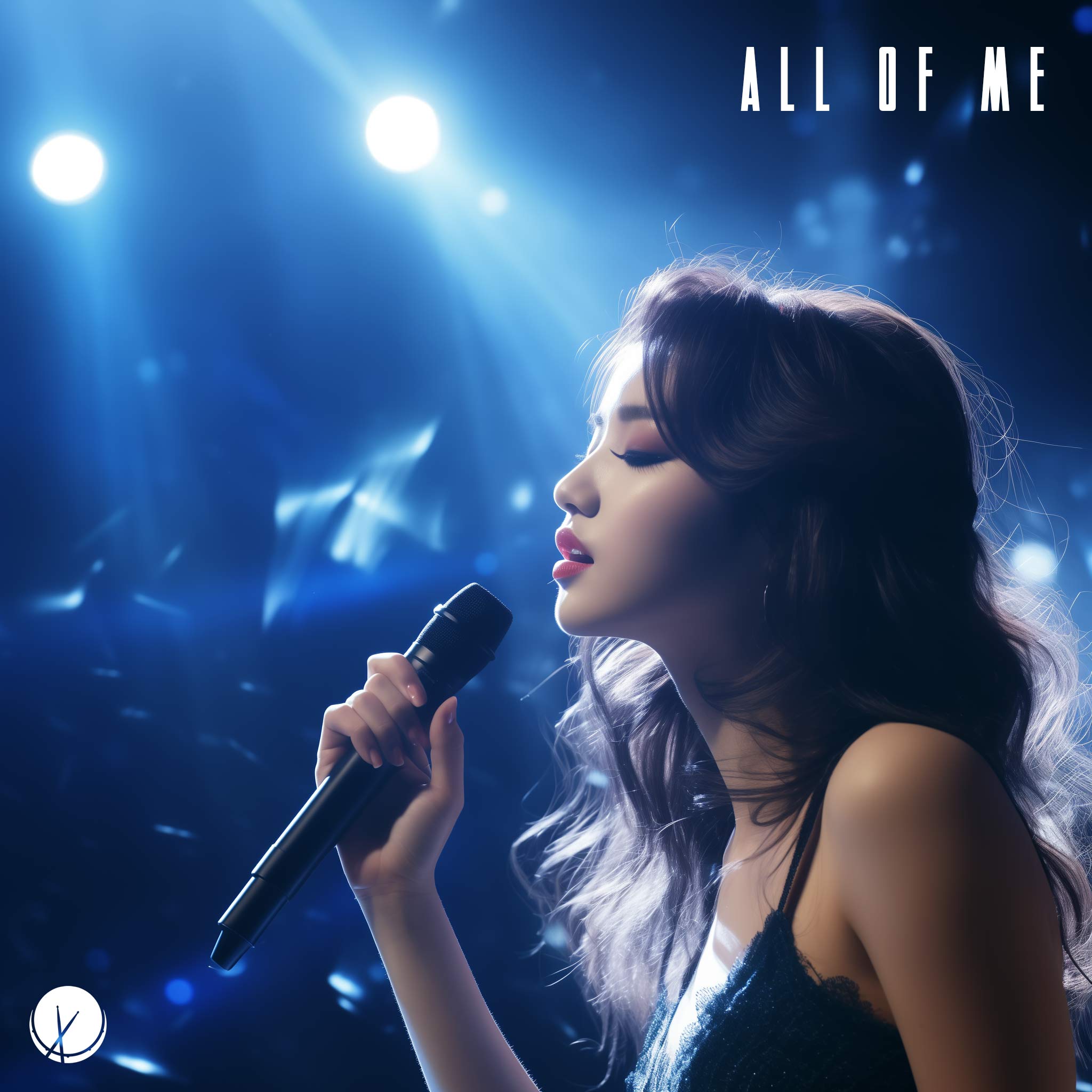 Image of a beautiful Asian girl wearing a classy black dress, holding a microphone on stage and singing. The scene is illuminated by stage lighting with a blue hue. Title: "All of Me."