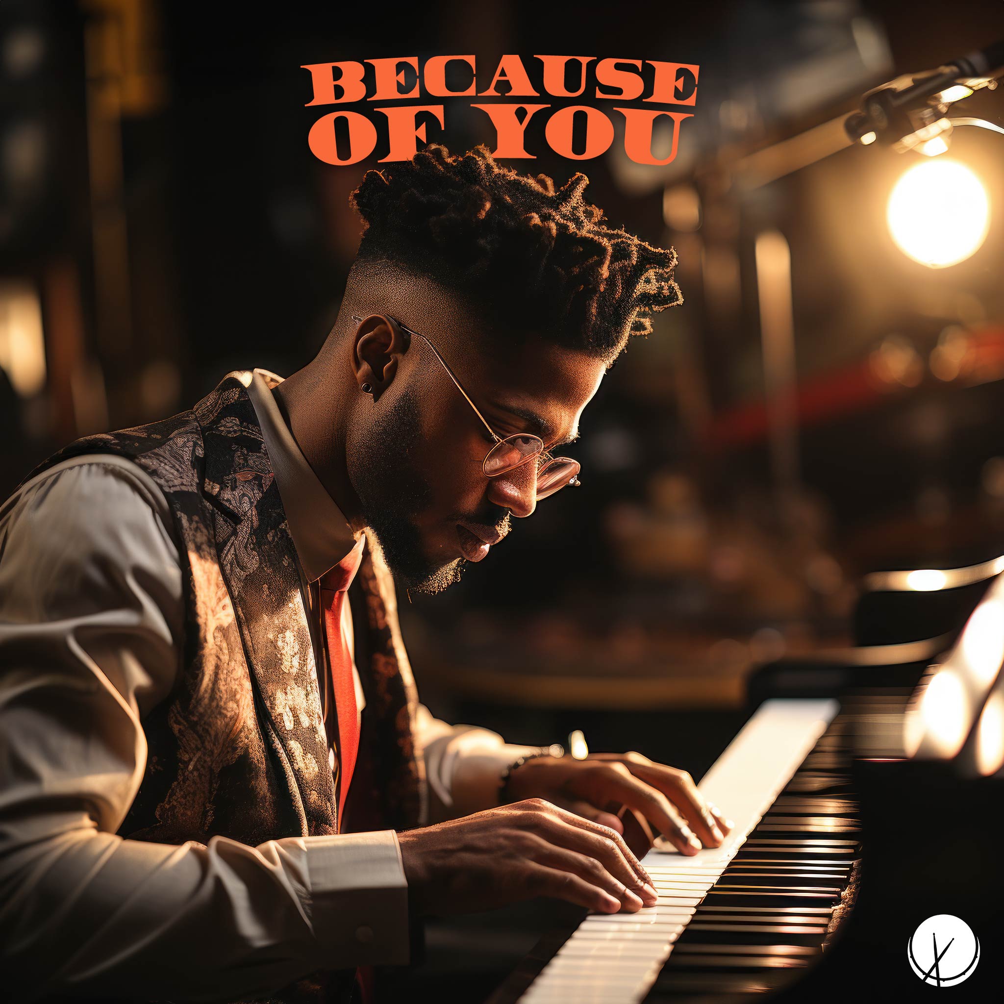 Captivating scene titled "Because of You" featuring a handsome black man wearing glasses and well-dressed, playing the piano under studio lighting. The image conveys a sense of sophistication and musical expression.