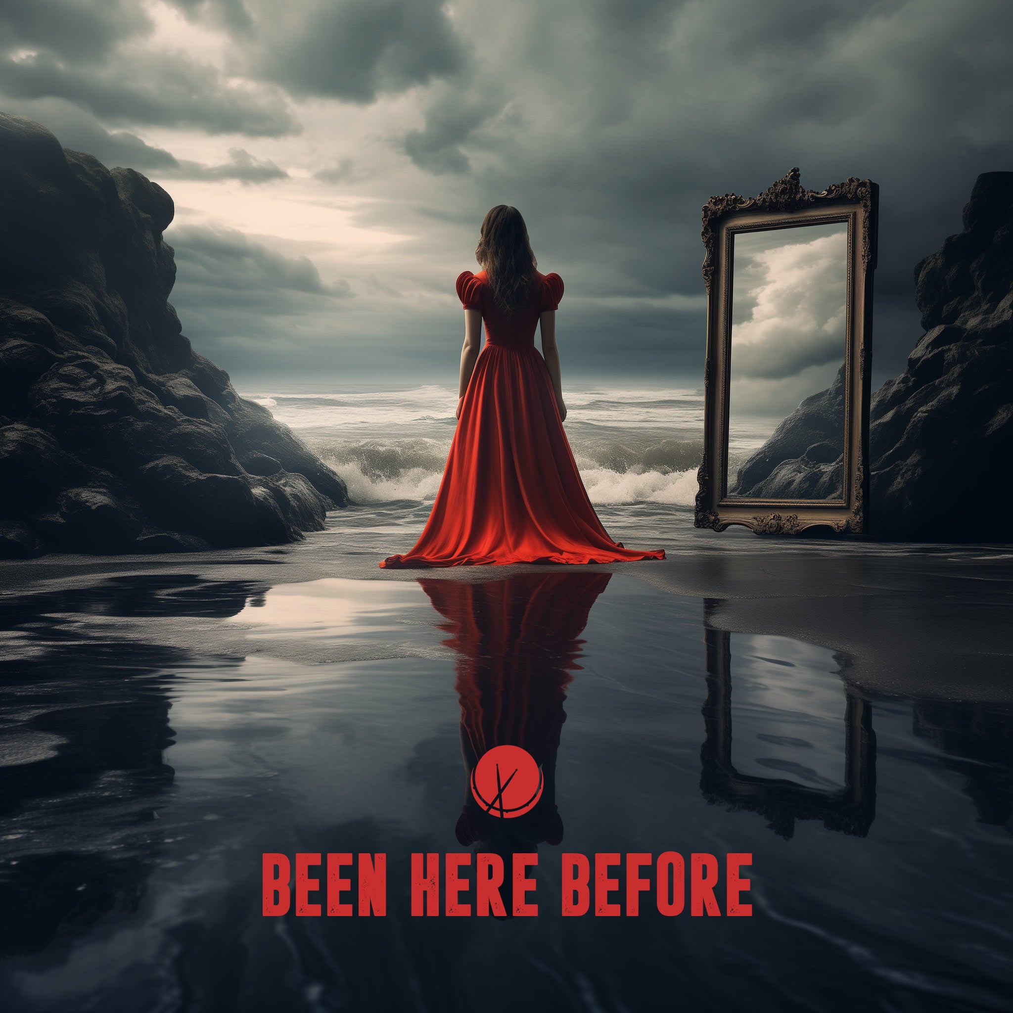 Image of a woman in a red dress standing by the sea with a mirror nearby. The setting is evening time. Title: "Been Here Before."