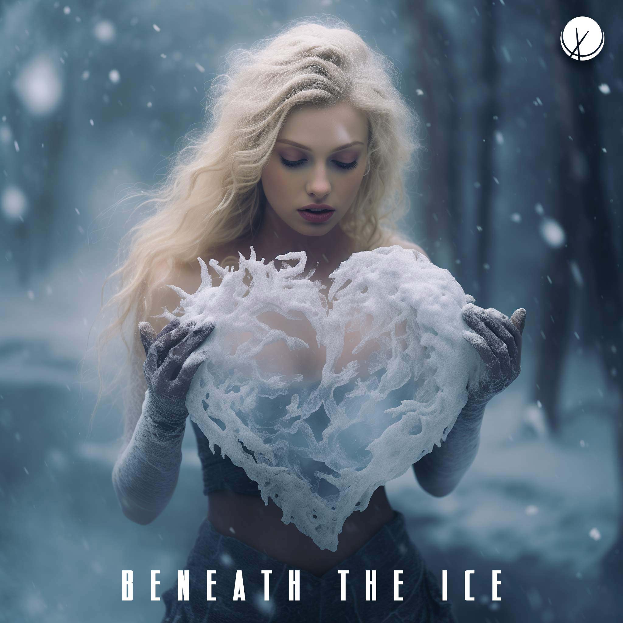 Beneath the Ice: Blonde Woman with Makeup Outside, It's Snowing, Holding a Large Heart Made of Ice with Snow-Textured Appearance.