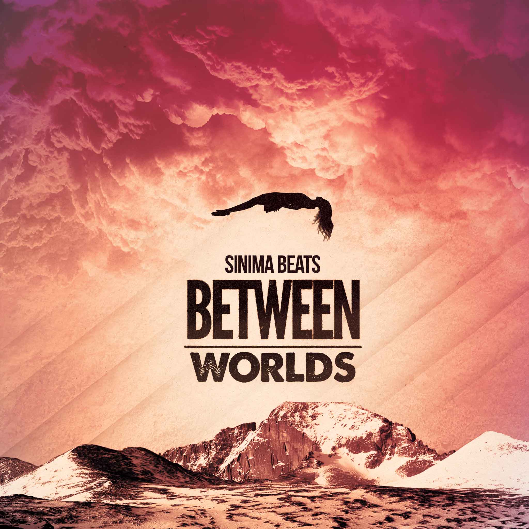 Between Worlds: Cover Art Design for Rock Rap Music. Woman Levitating in the Sky Above the Title Text, Mountains and Clouds with a Reddish Hue.