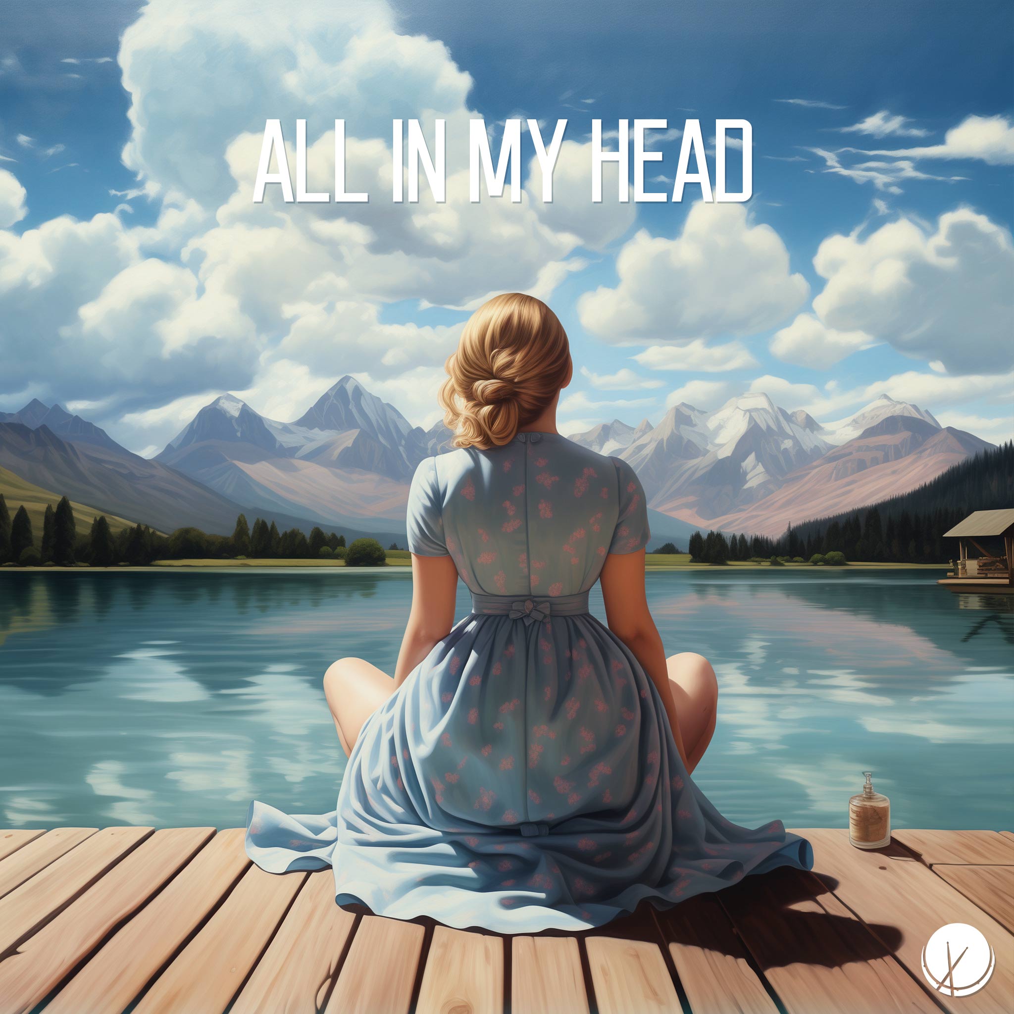 Illustration of a blonde woman in a flowery blue dress sitting on a pier on a bright day with white clouds, blue sky, a calm lake, and a backdrop of forest and mountains. Title: "All in My Head."