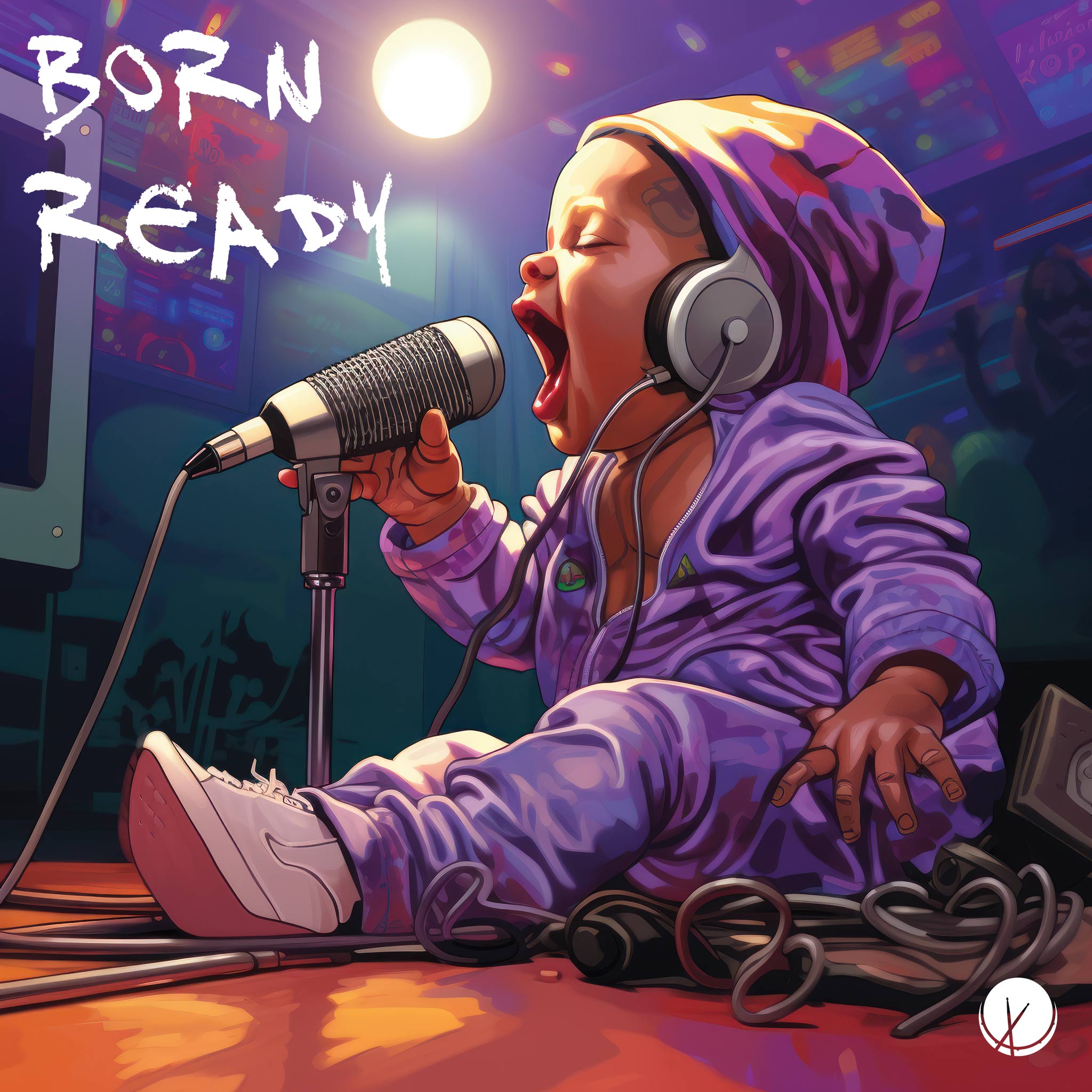 Innovative scene titled "Born Ready" featuring a new-born baby holding a microphone, seemingly ready to rap at birth. The setting is a hospital room, creating a unique and creative hip-hop cover art illustration. The image is realistic, high-quality, and vibrant in colors.