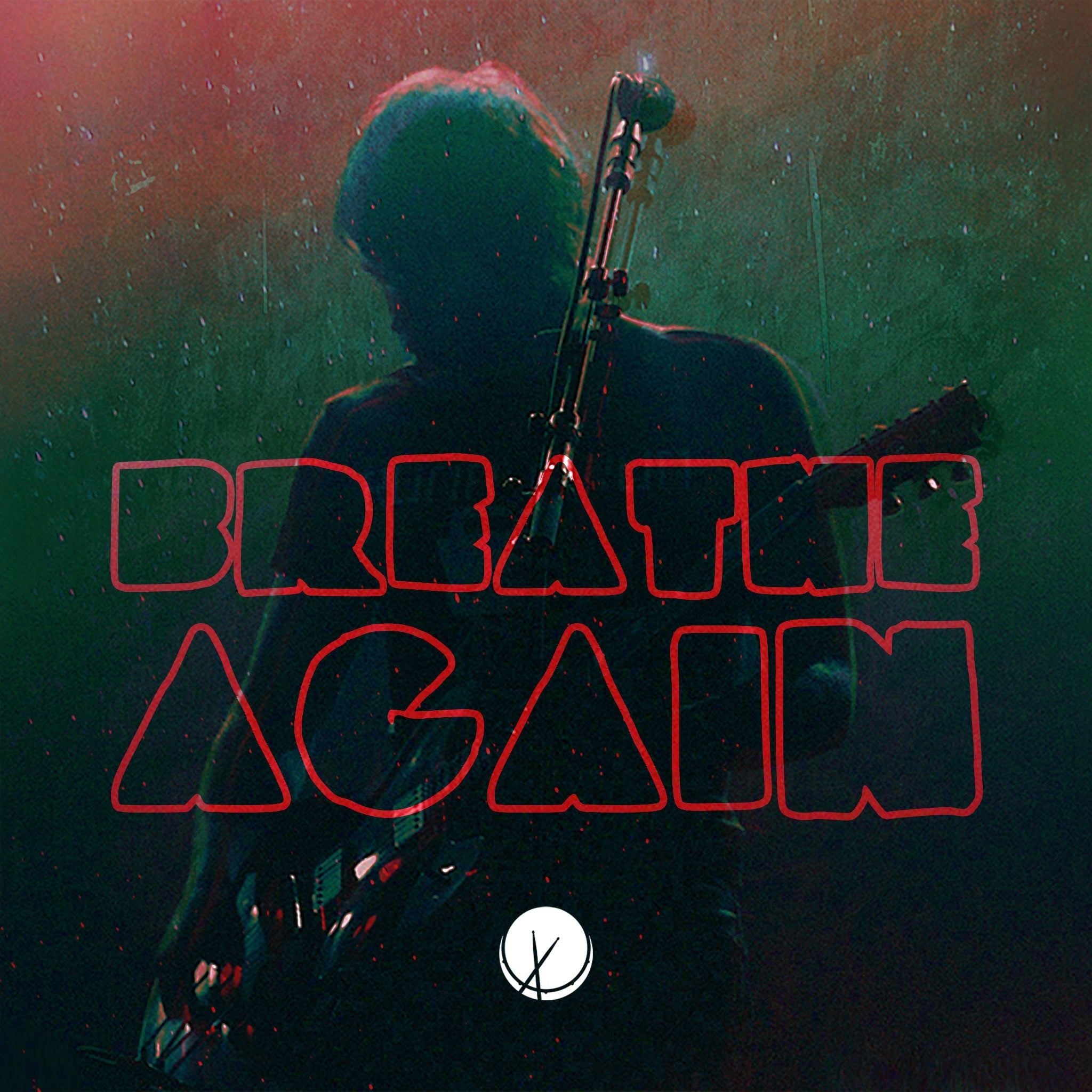 Dynamic scene titled "Breathe Again" featuring a rock musician singer on stage. The silhouette is highlighted with vibrant colors, playing a guitar amidst green and red hues, creating a visually striking and energetic performance.