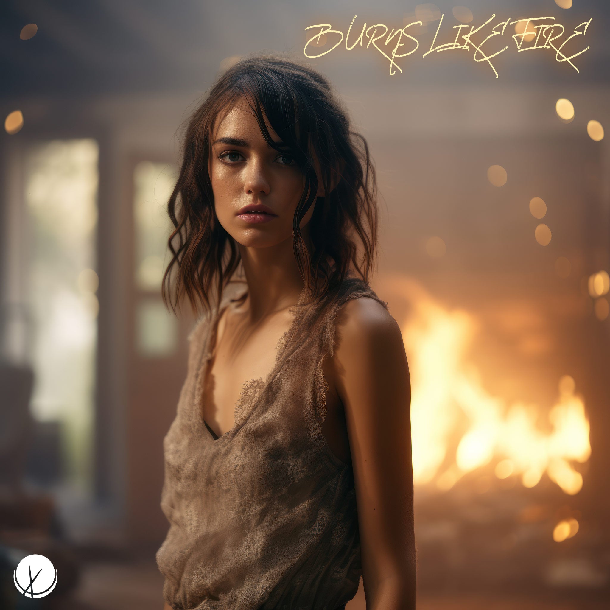 Emotional scene titled "Burns Like Fire" featuring a beautiful 20's girl standing in front of a burning house. She is looking to the side with a sad expression, brunette hair, and a cute outfit. Bokeh light particles add a realistic and cinematic look to the composition.