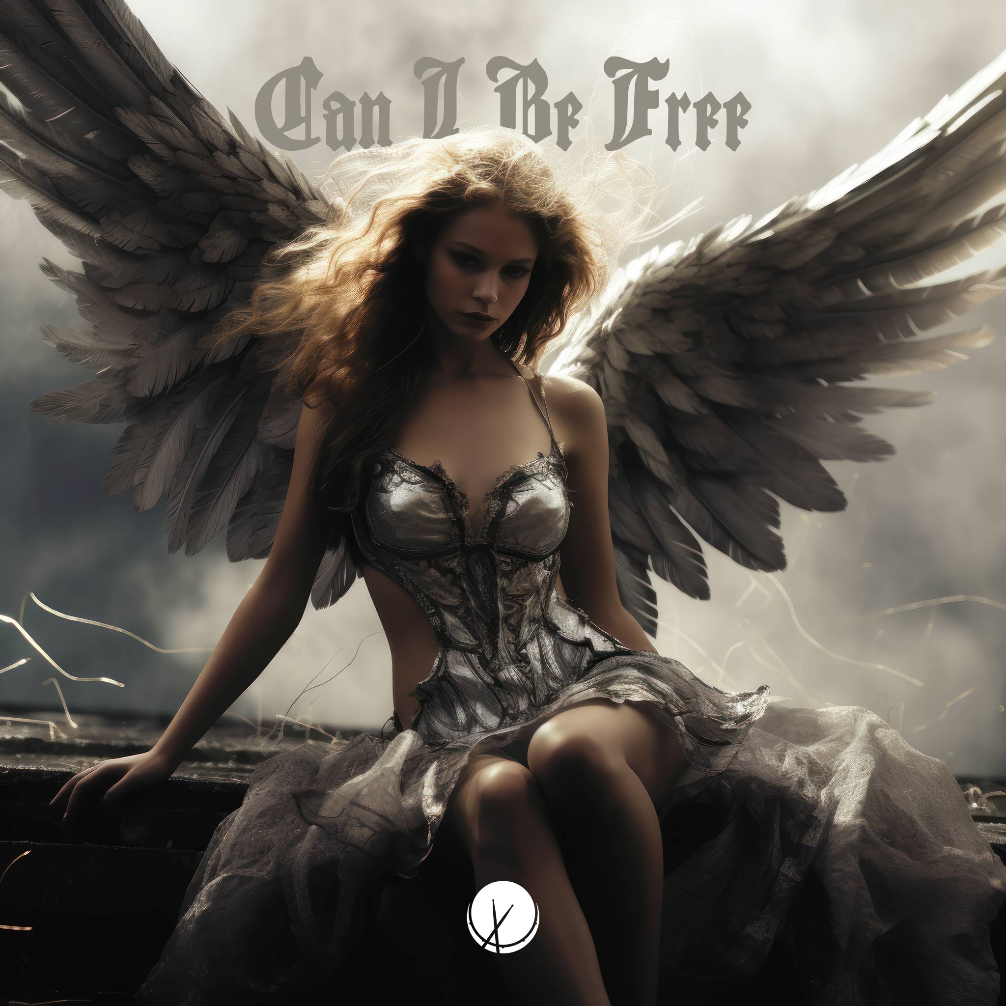 Enchanting scene titled "Can I Be Free" featuring a supermodel with angel wings sitting on a rooftop. She is wearing a silver skirt, has wavy dark blonde hair, with smoke and fog in the background, creating a dreamlike and atmospheric composition.