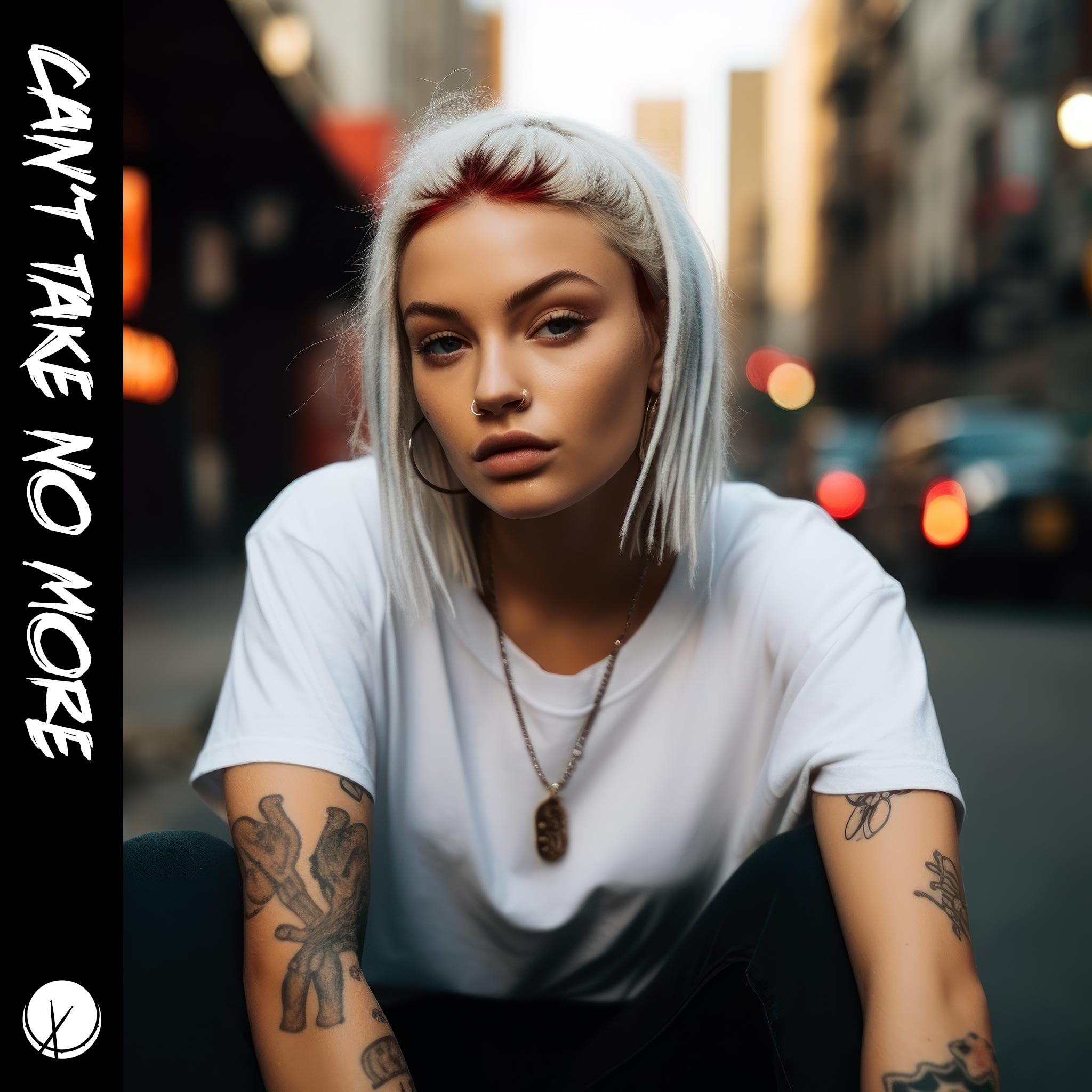 Expressive scene titled "Can't Take No More" featuring a young blonde woman with tattoos, nose rings, and shoulder-length hair. She wears a dog tag necklace, a white t-shirt, and green sweatpants against a city background on the street, conveying a sense of emotion and urban style.