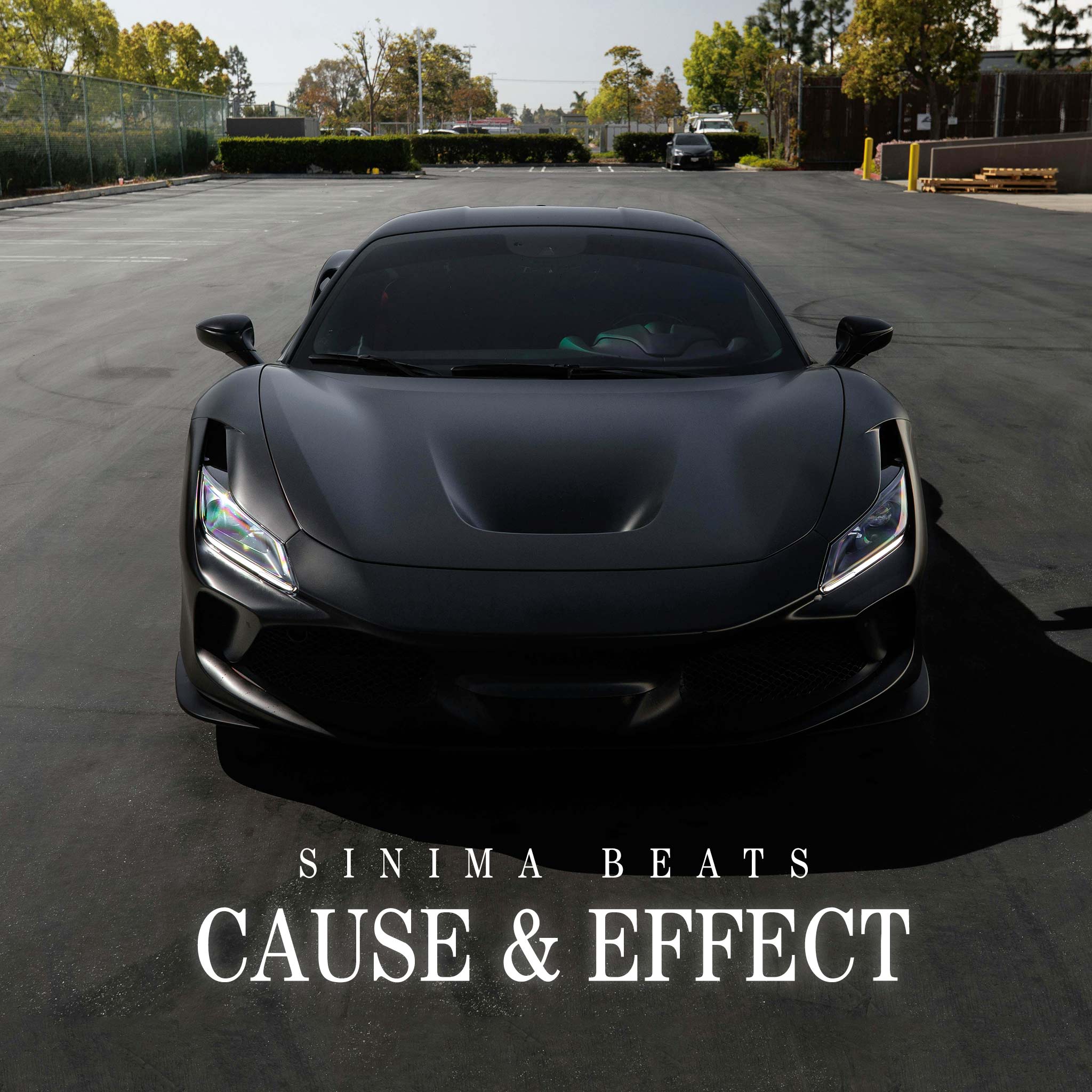 Black sports car on a road with 'Sinima Beats Cause & Effect' text overlay