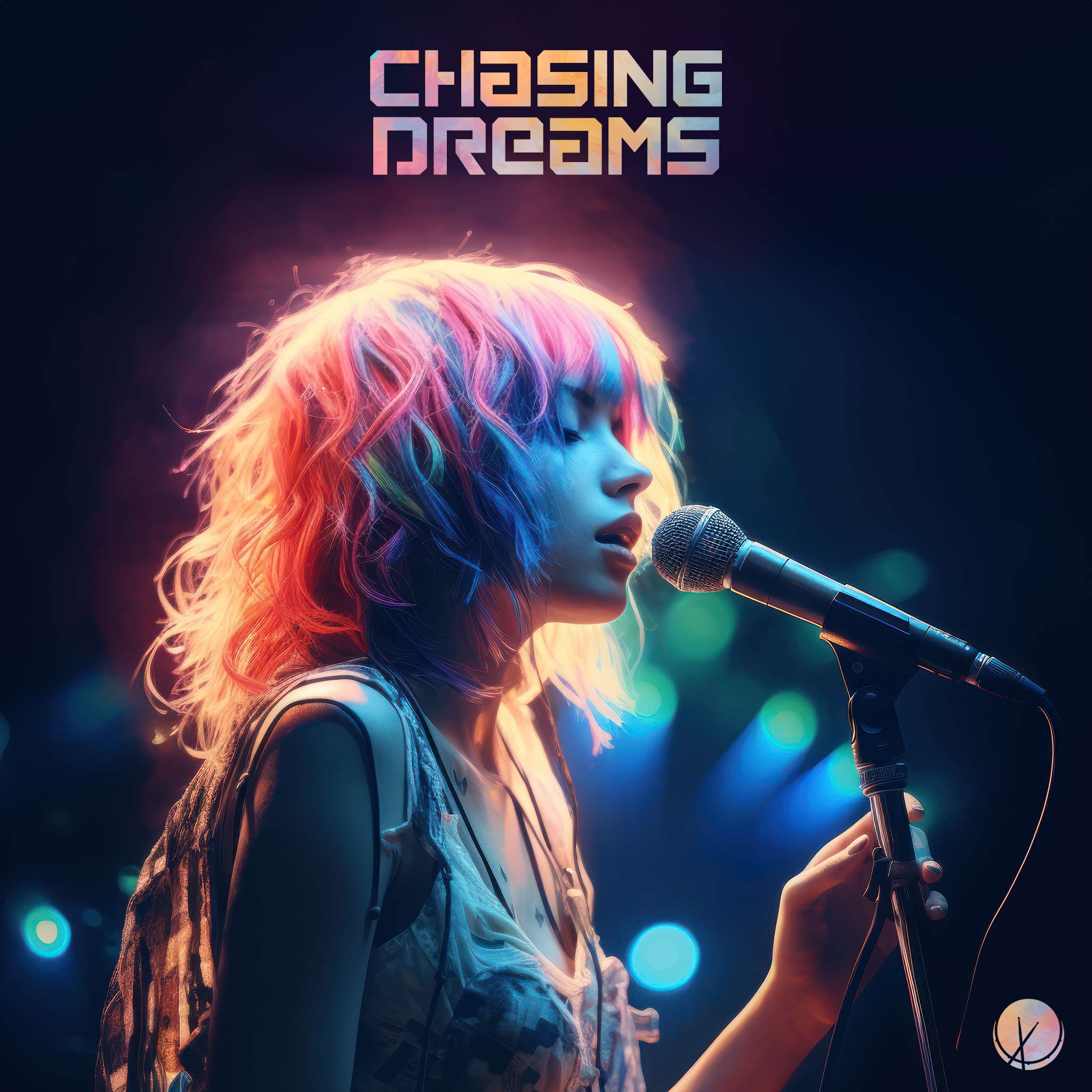 Dynamic and stylish dubstep cover art titled "Chasing Dreams" featuring a rainbow-colored blonde girl singing in ultrarealistic anime CGI. The scene includes a microphone, stage lighting, a purple background, and multi-colored lights, creating a vibrant and visually striking composition.