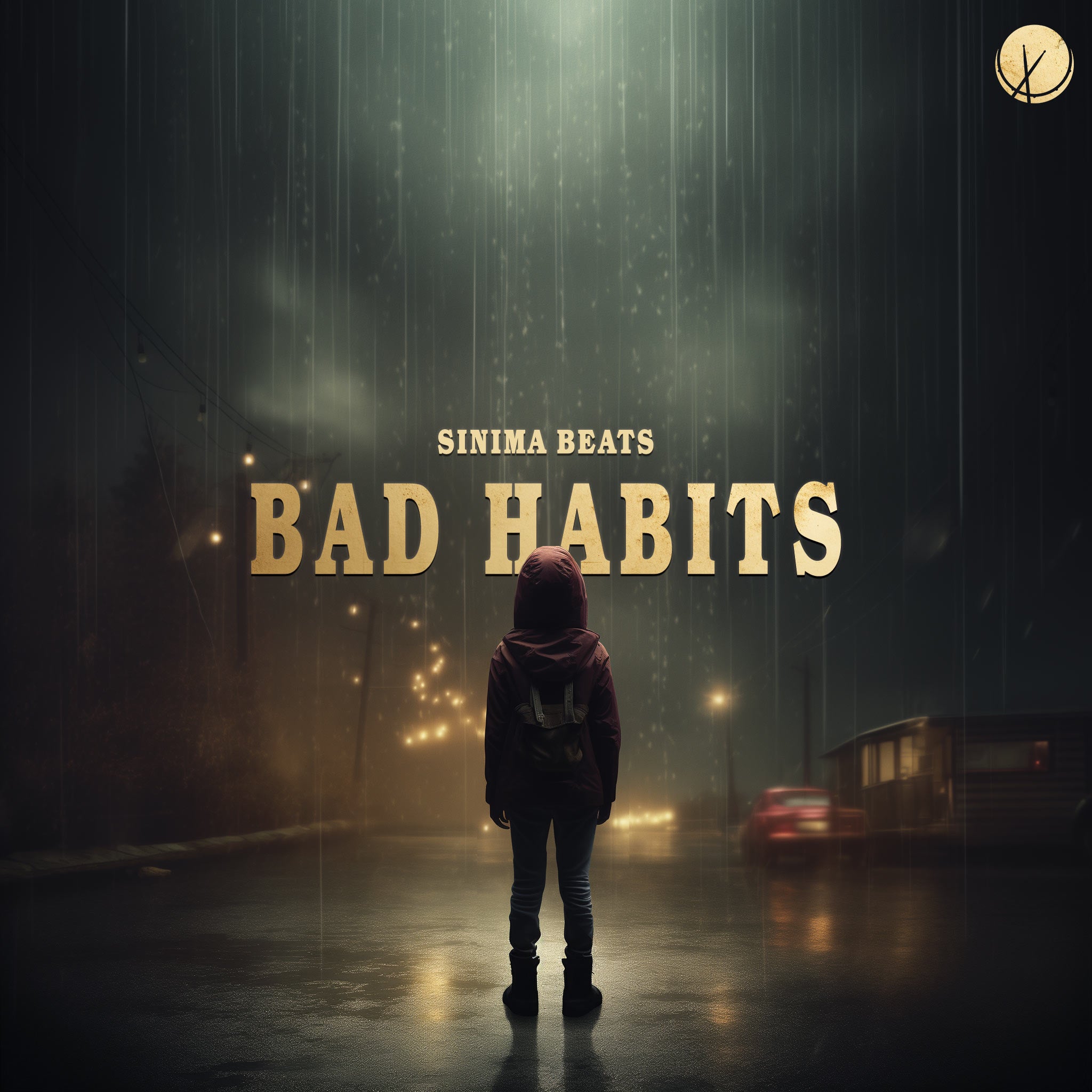 Cinematic scene depicting a young person with a backpack, wearing a burgundy jacket with the hood on, in the rain. The atmosphere is dark. Title: "Bad Habits."