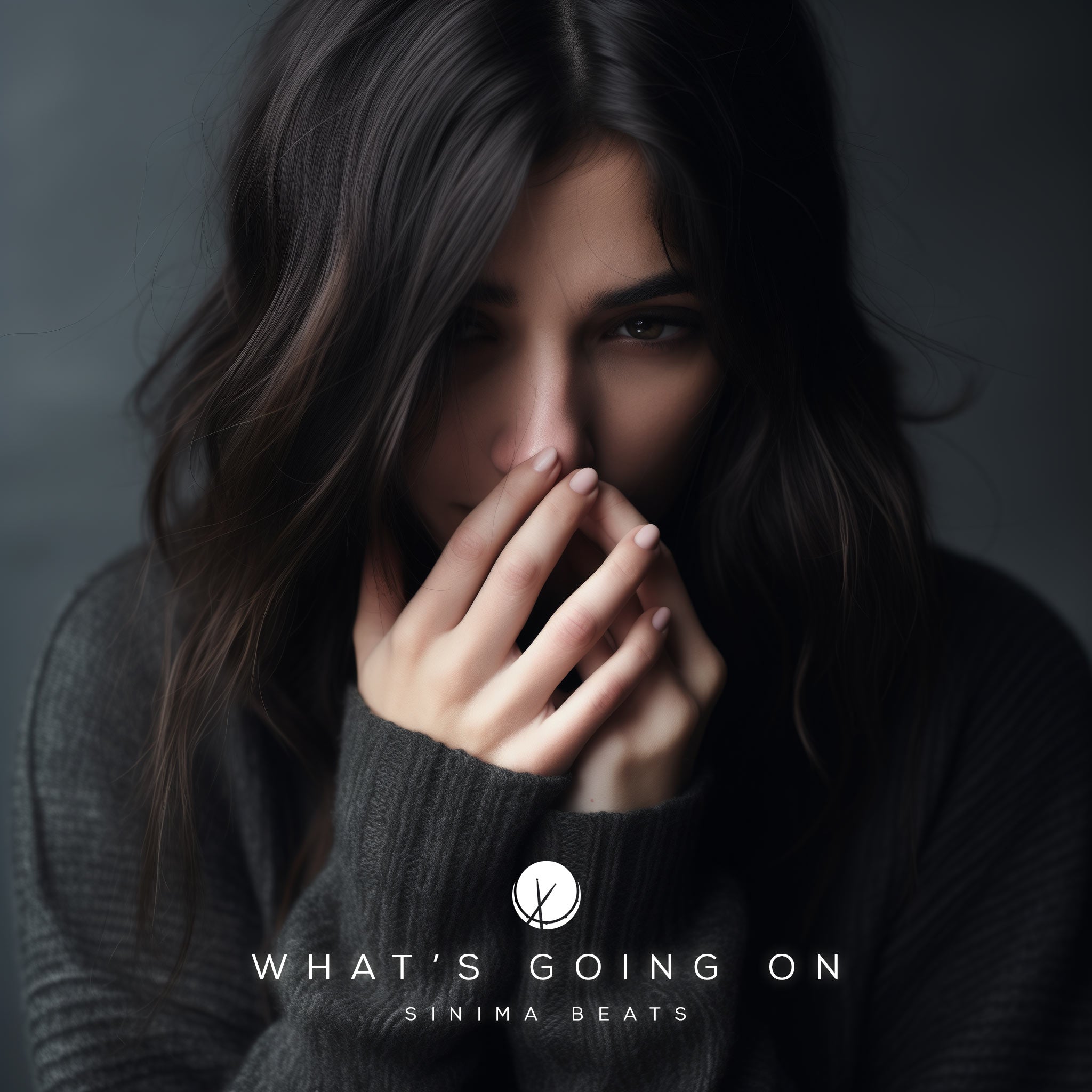 Close-up of a brunette with straight hair, wearing a long black sweater. Her chest is up, and she has hands and sleeves covering her face, conveying a stressed-out or sad expression. Title: "What's Going On."