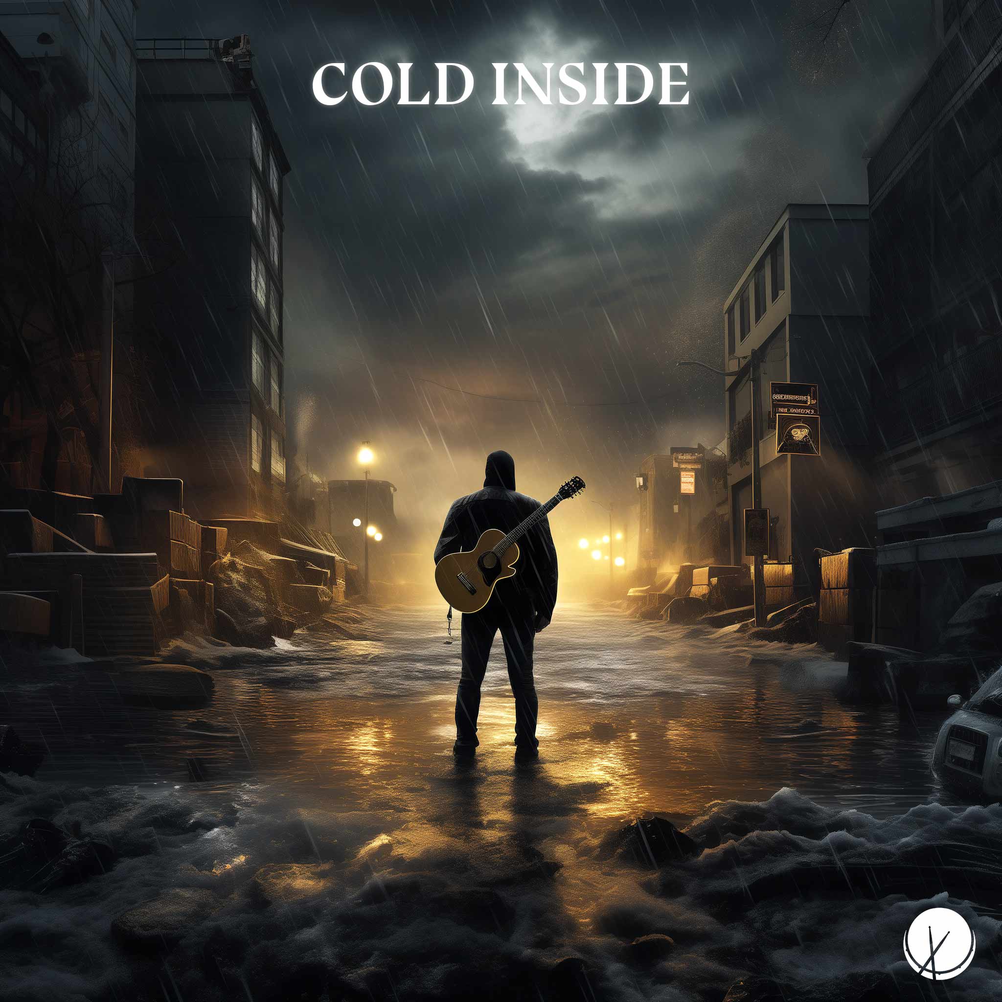 Cold Inside: Man with Guitar Hanging from His Back in a Cinematic Scene. Raining in the Middle of an Empty Street Flooded with Water - 8K Rock Cover Art.