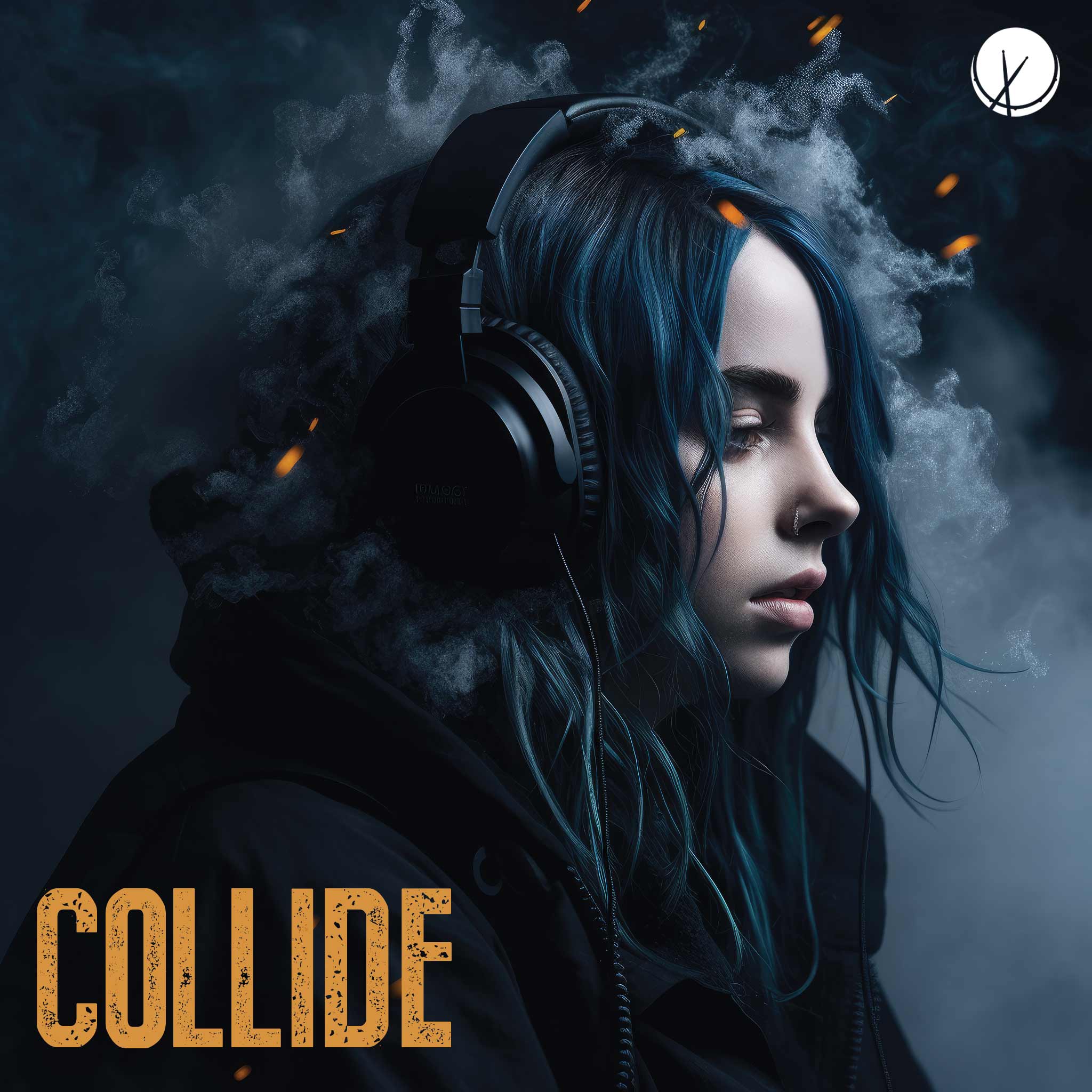 In this captivating image titled "Collide," a young girl with blue-dyed hair and a black jacket stands amidst fog and sparks, creating a cinematic and mysterious ambiance. Dust particles add an extra layer to the visually striking scene.