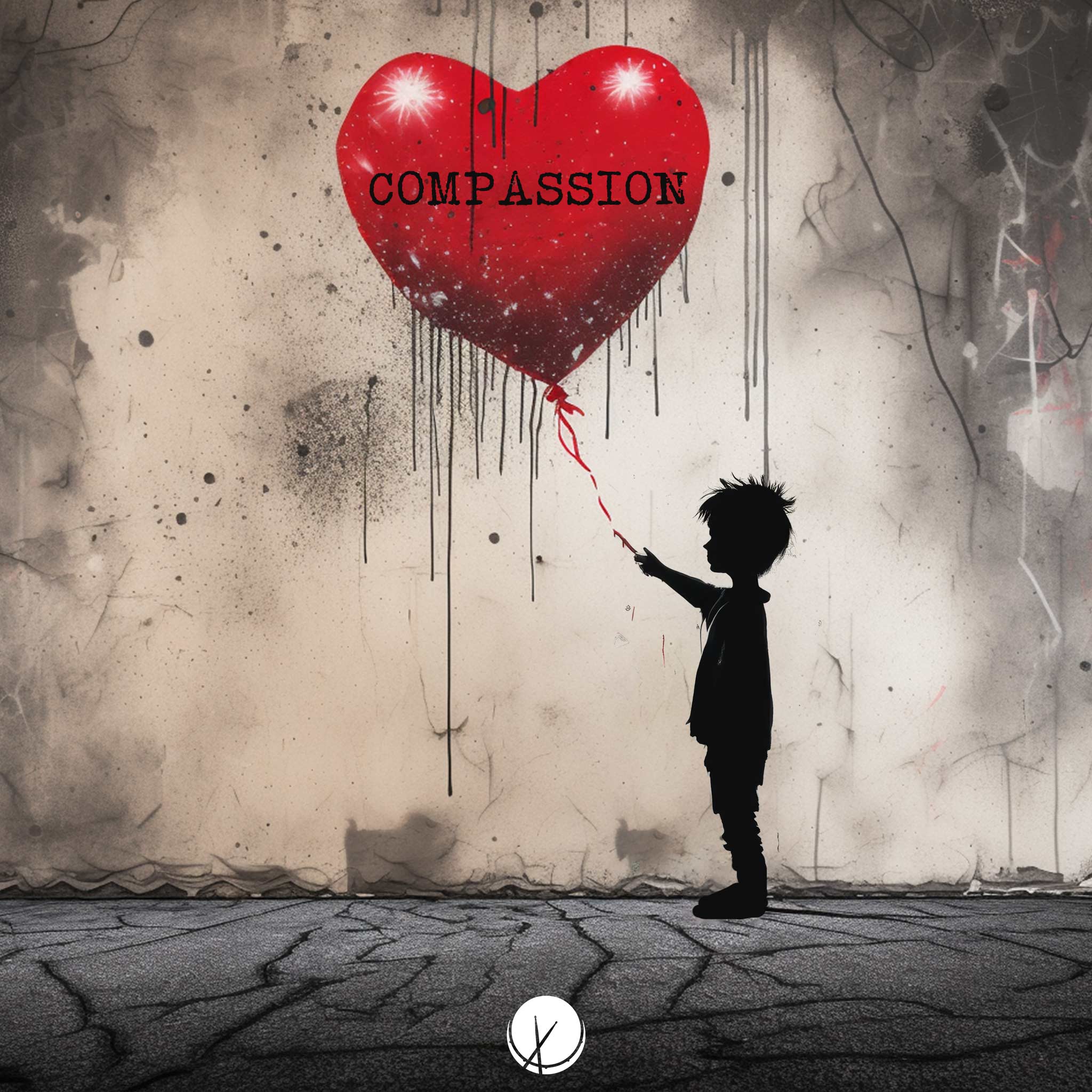 The poignant cover art for "Compassion" features a little boy holding a string attached to a helium red heart-shaped balloon. Set against a textured paper background with graffiti art reminiscent of Banksy, the image evokes a sense of innocence and compassion.