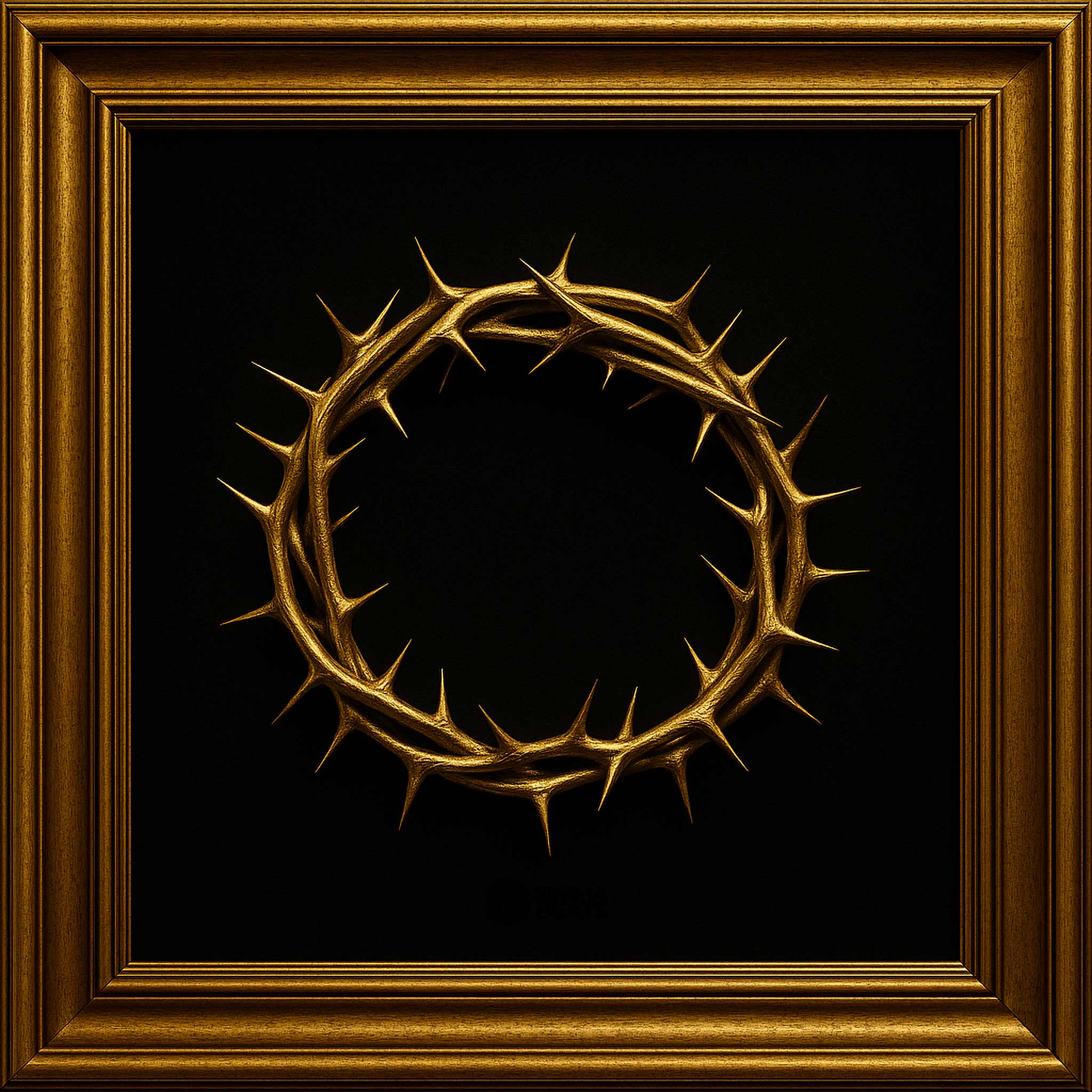 Crown of Thorns Golden Design — a luxurious hip hop cover art concept featuring a golden thorny crown centered within ornate gold picture frame borders. The dark backdrop enhances the metallic glow, symbolizing power, sacrifice, and prestige.