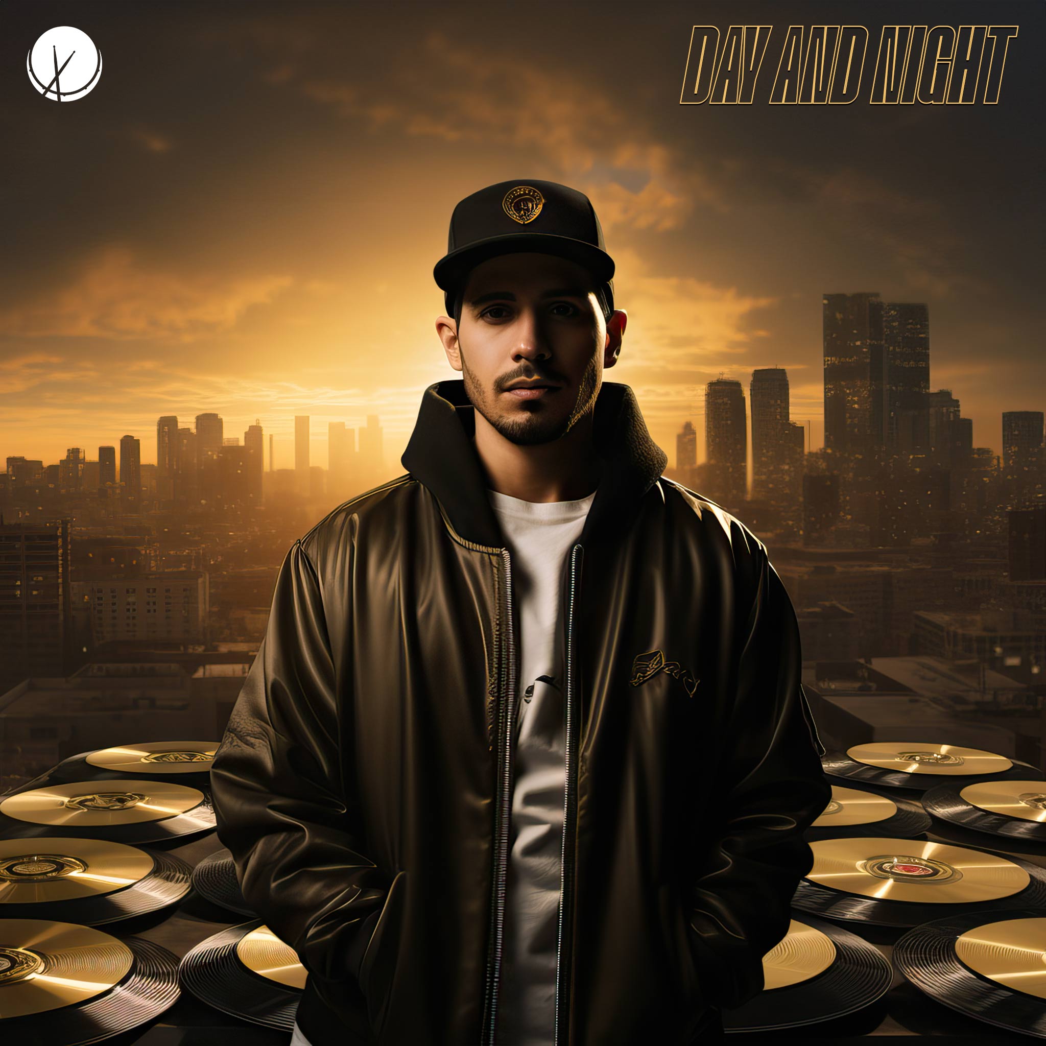 Stylish music producer in a black leather varsity jacket and baseball cap against a city skyline at sunset. Title: "Day and Night."