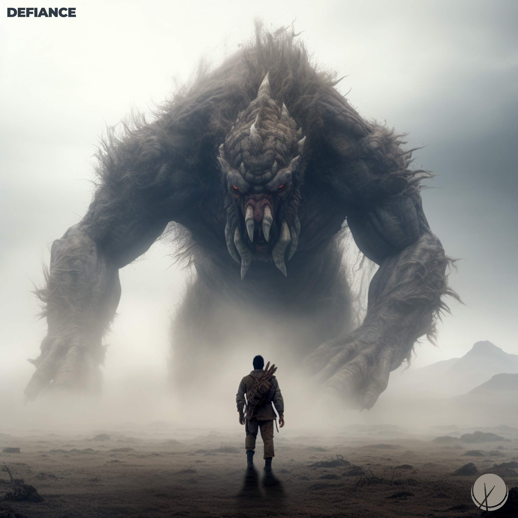 Defiance: An awe-inspiring and cinematic image capturing a defiant and confident warrior standing fearlessly in front of an enormous, giant, and angry creature. This epic boss fight scene is rendered in stunning 8K resolution, with the use of anamorphic lens, dust particles, light particles, and a windy atmosphere, achieving an ultrarealistic and photorealistic quality.