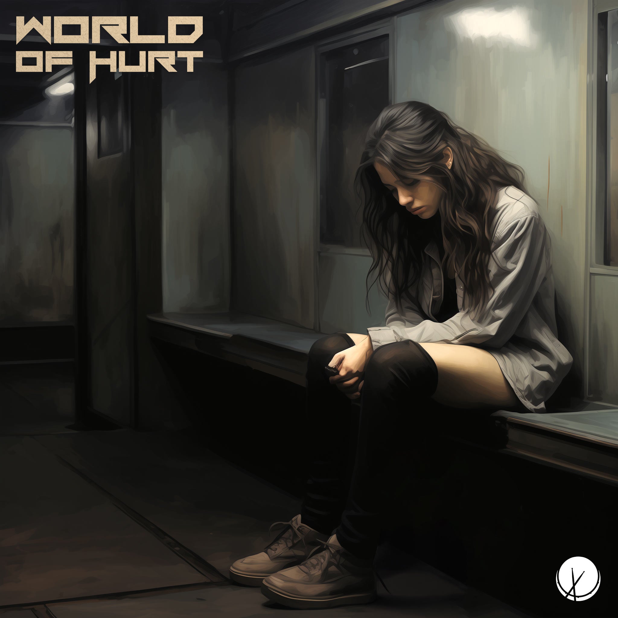 Illustration of a depressed girl wearing black leggings, sneakers, a skirt, and a gray jacket. She appears sad while sitting in a waiting room. Title: "World of Hurt."