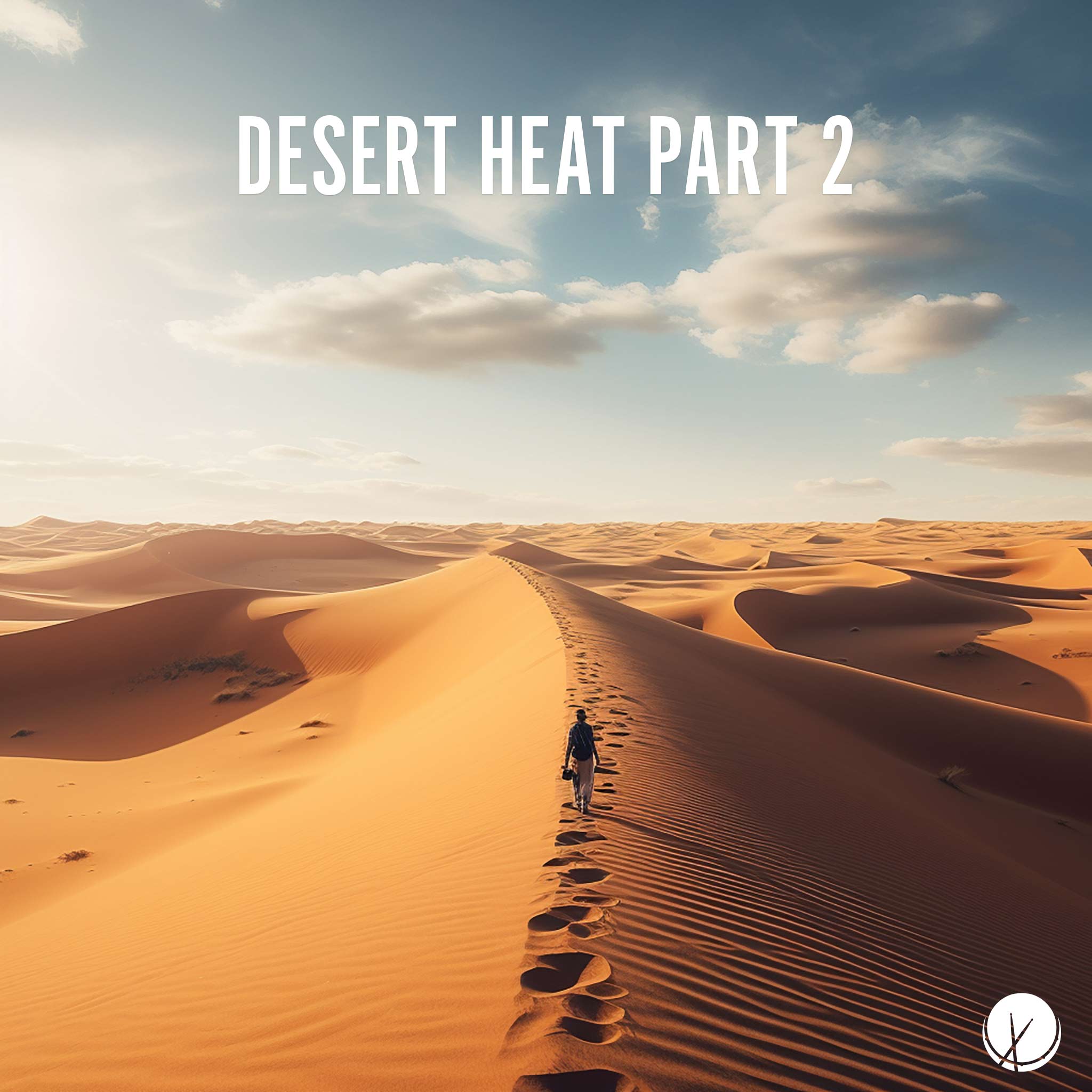 Desert Heat Part 2: Man walking in the desert with an Arabic setting, surrounded by sand dunes. Sky view during daytime.