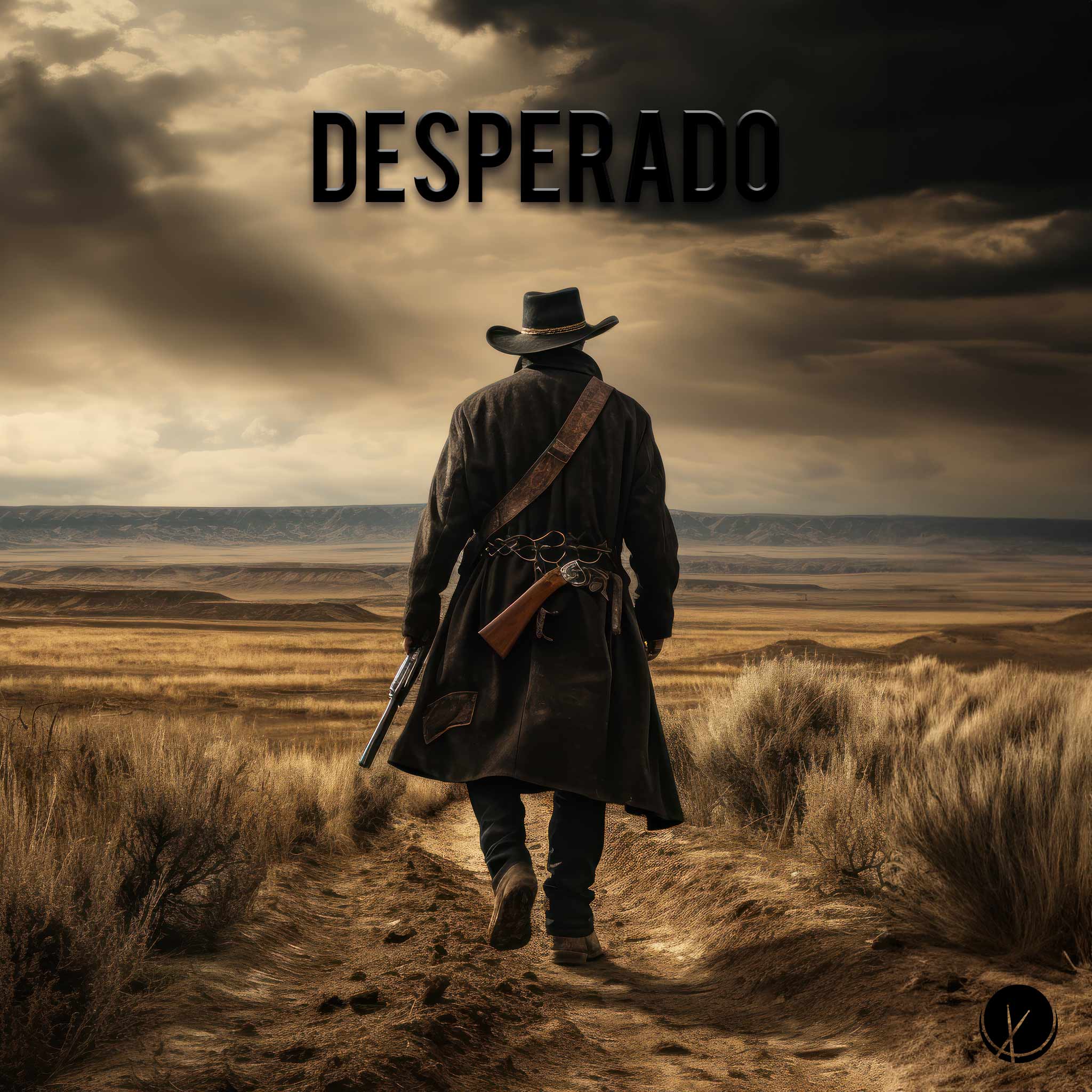 Cowboy in overcoat walking away, holding a rifle, on a cloudy day with a vast landscape of desert. Title: "Desperado."