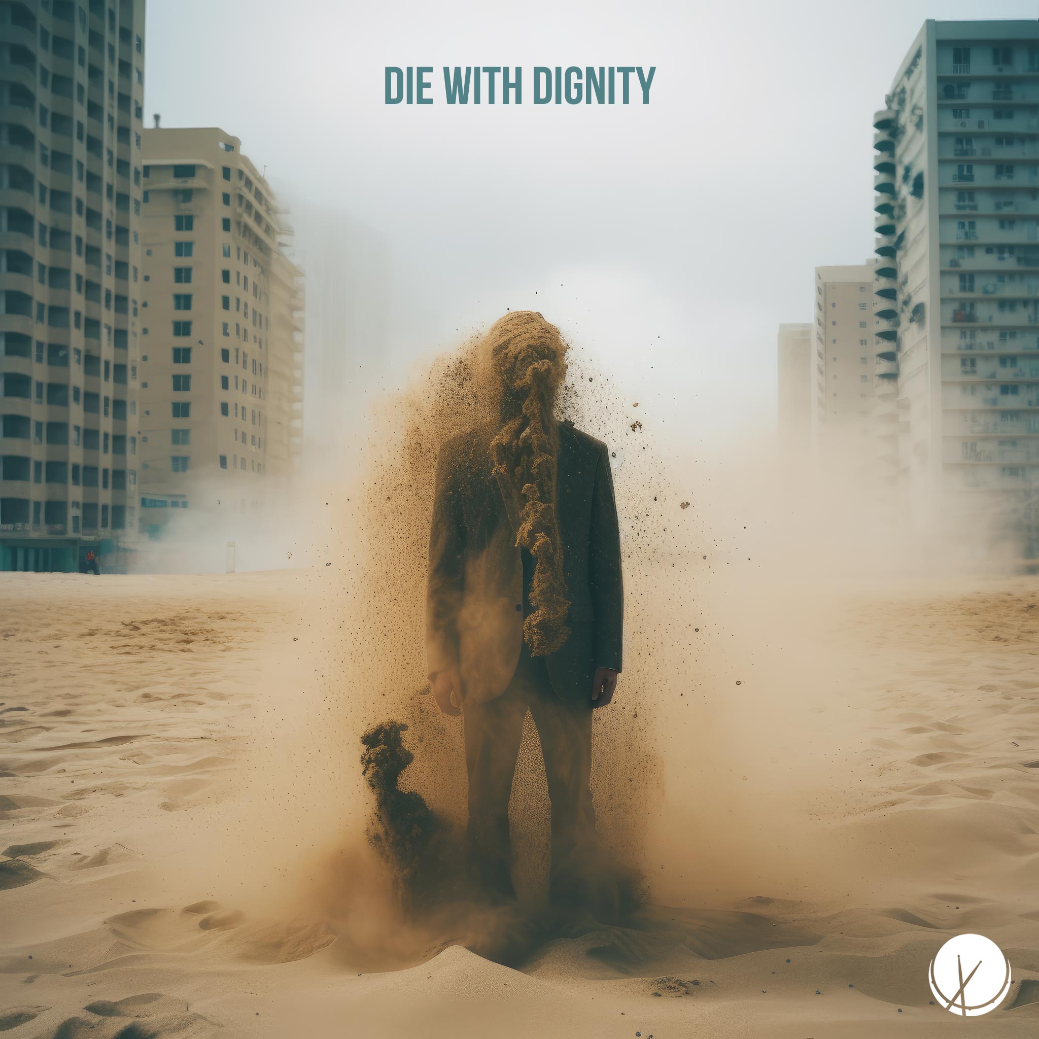 Die with Dignity: Man turning to dust on a sandy beach, with apartment buildings in the background under a blue sky.
