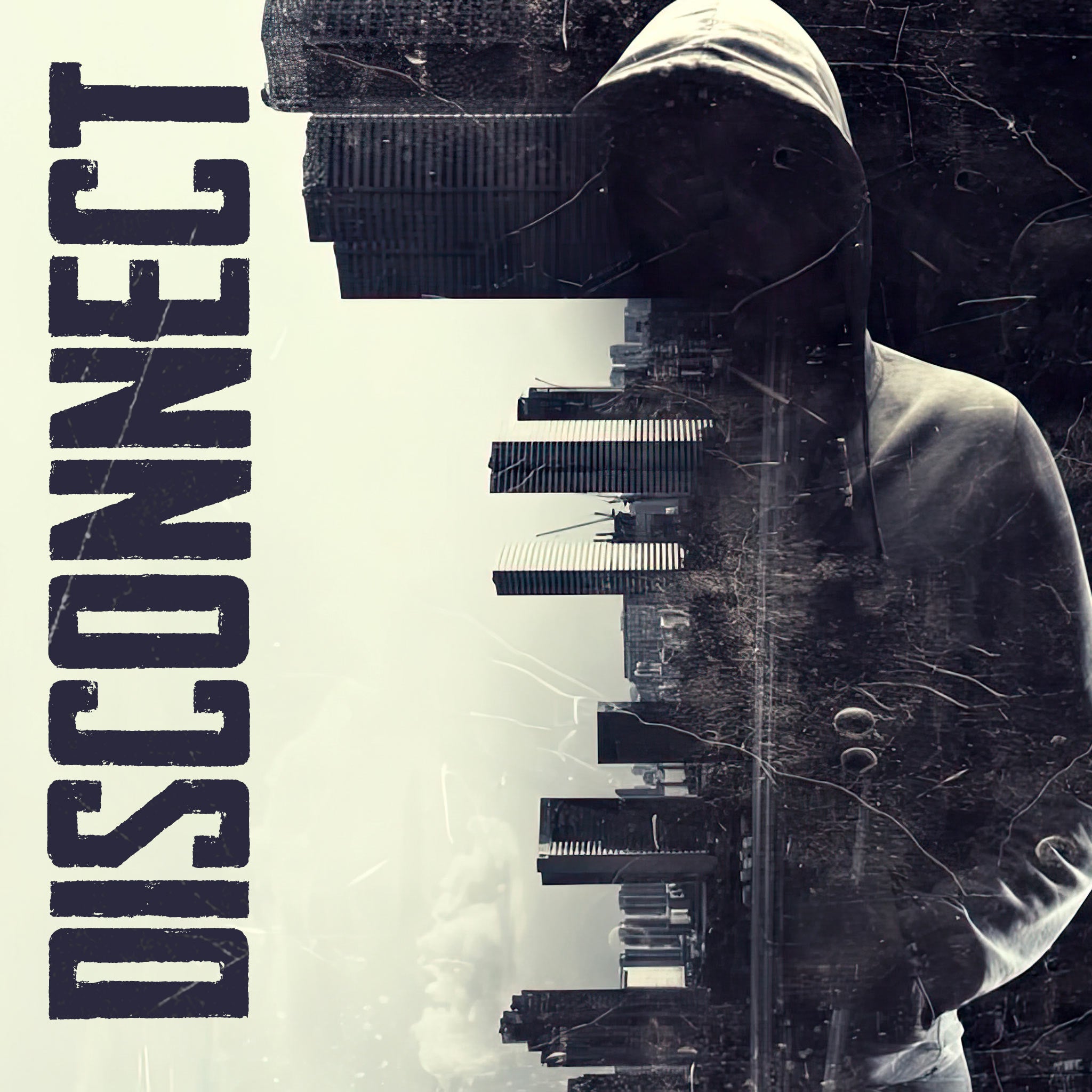 "Disconnect" features a faceless man in a gray hoodie against a scratchy texture, set on a cream-colored background. The image incorporates a double exposure effect with a city skyline displayed vertically, depicting a sense of disconnection.