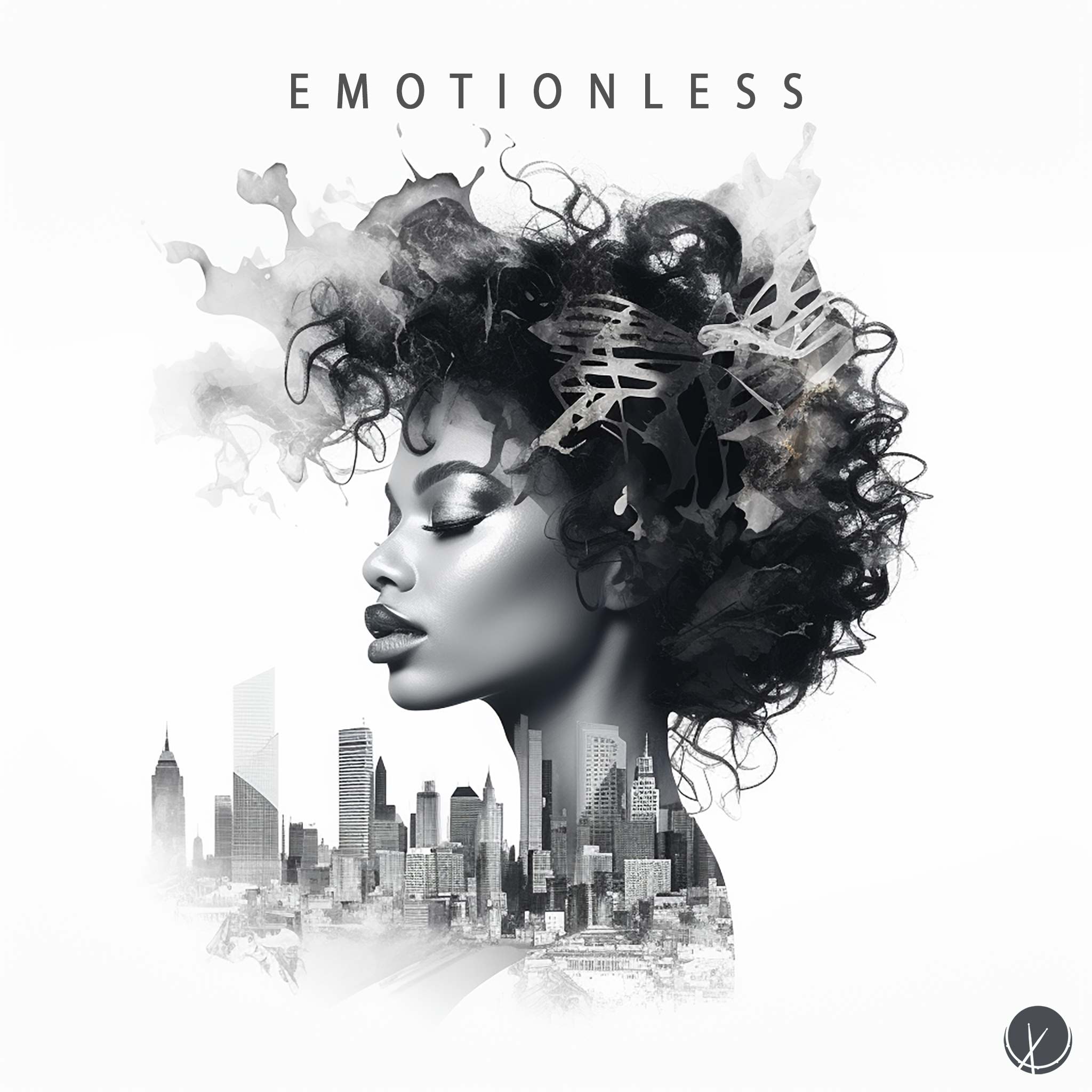 Emotionless: A striking double-exposure featuring a black woman and an urban city background blended together, set against a solid white background.