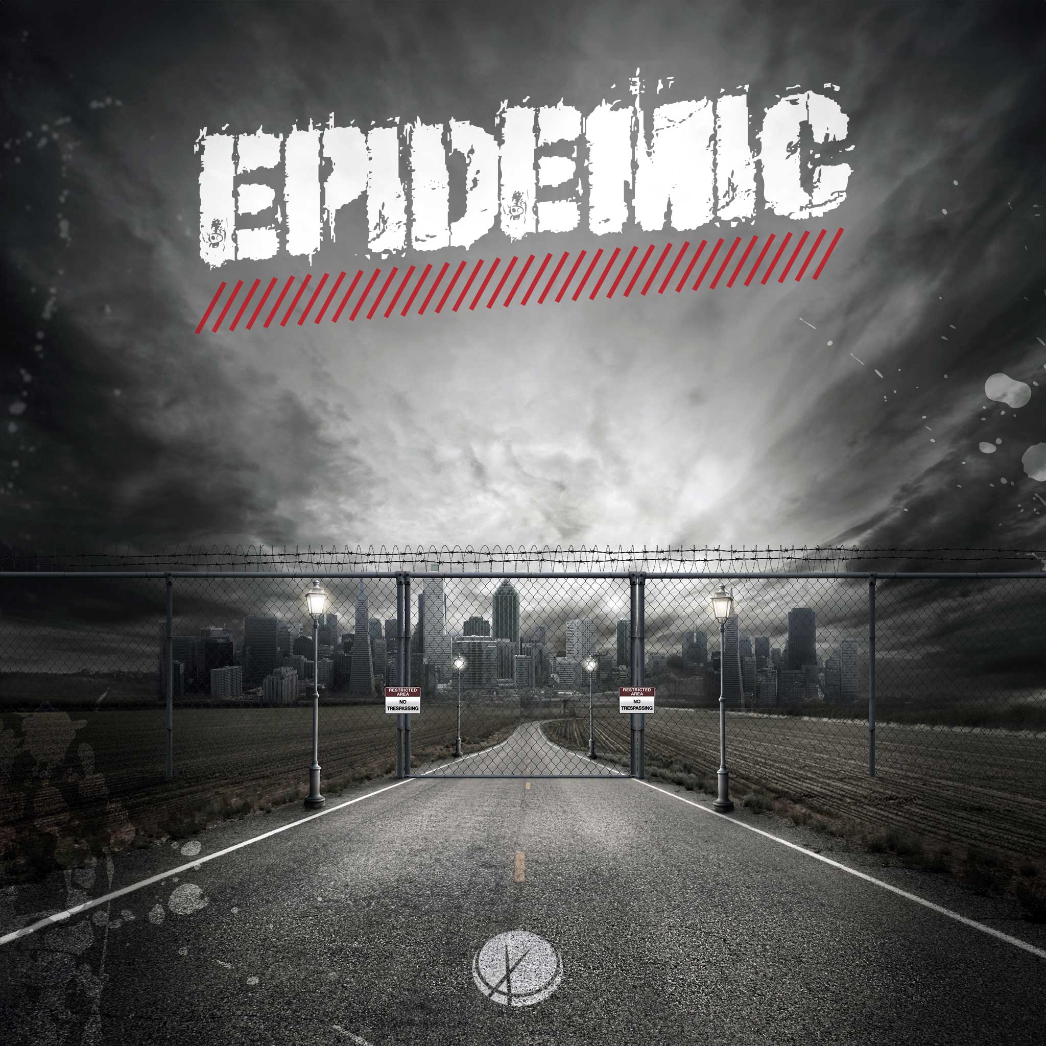 Epidemic: A surreal scene depicting a pandemic roadblock in a quarantined city. Dark clouds hover overhead, with restricted area and no-trespassing signs creating an eerie atmosphere.
