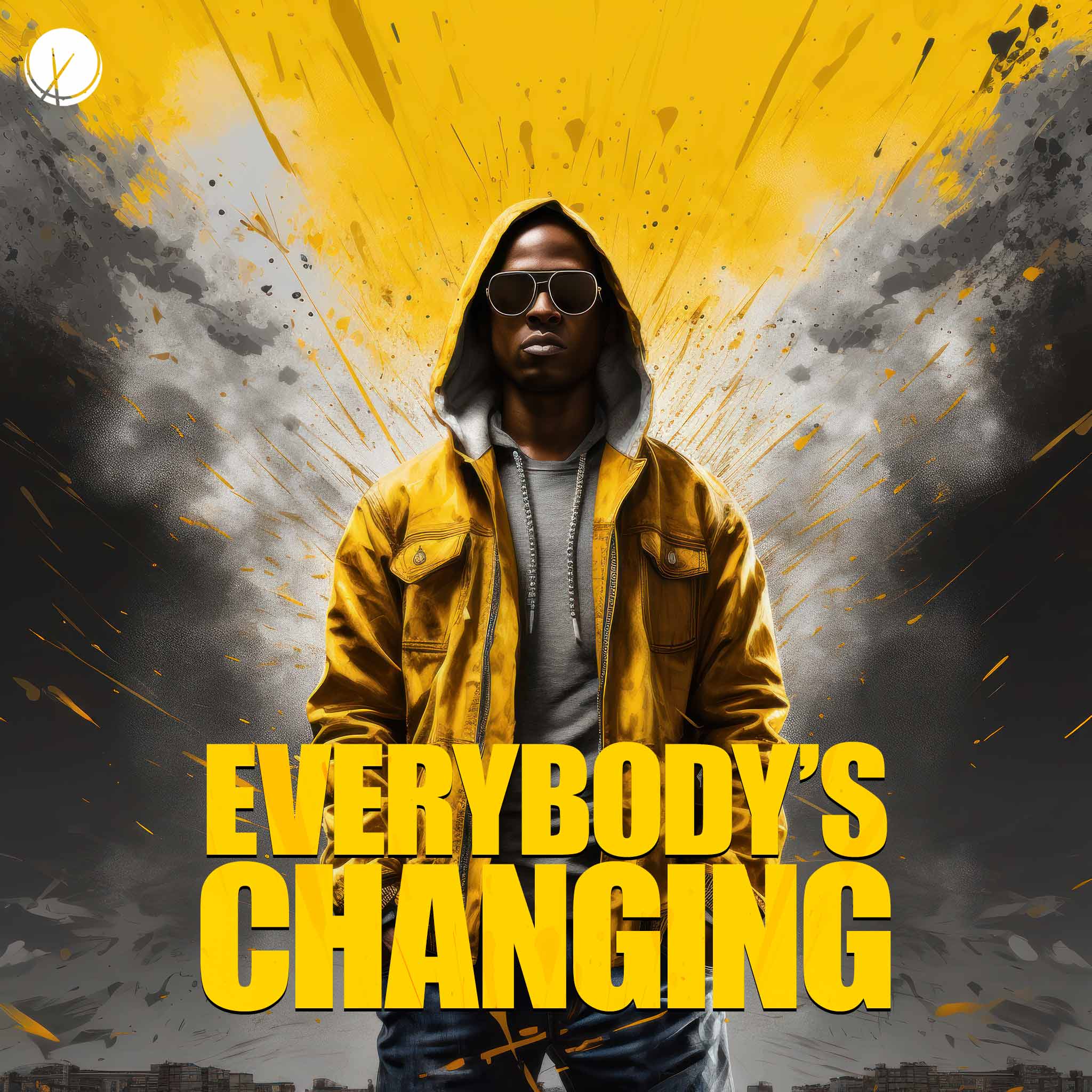 Rapper in a yellow hooded jacket with textured paint splatted, standing with a gray urban landscape in the background. The scene exudes a sense of dynamism and urban culture. Title: "Everybody's Changing."