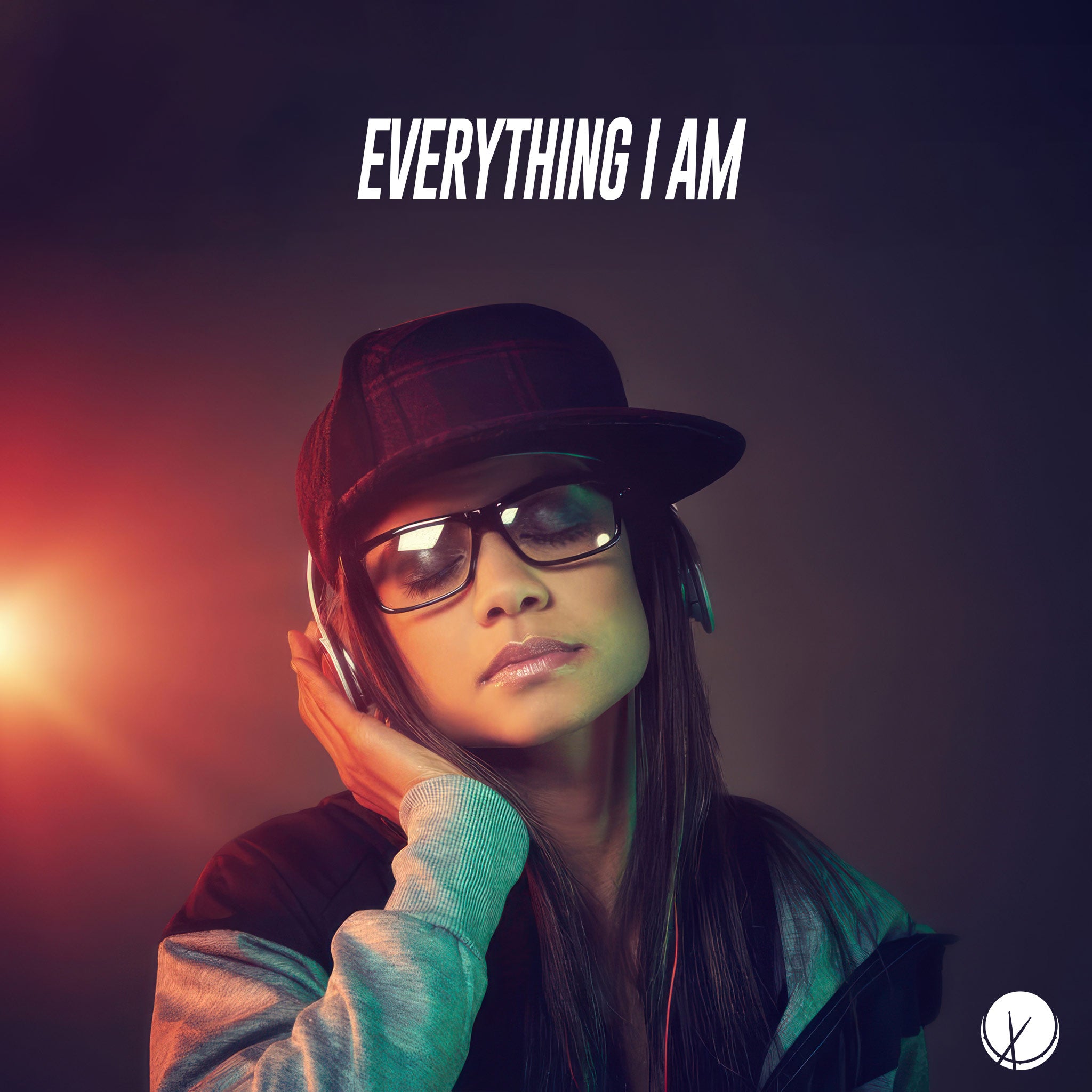 Everything I Am: An expressive image capturing a woman listening to music, adorned with headphones, glasses, and a cap. Against a vibrant purple background with stage lighting, the scene emanates a sense of individuality and musical passion.