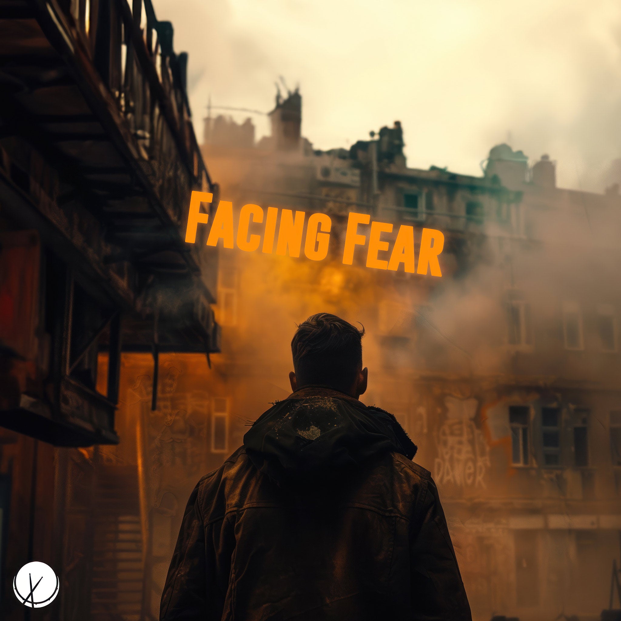 Man Wearing Rugged Jacket Looking at Abandoned Buildings in Fog - Facing Fear Distopian Scene 2048px