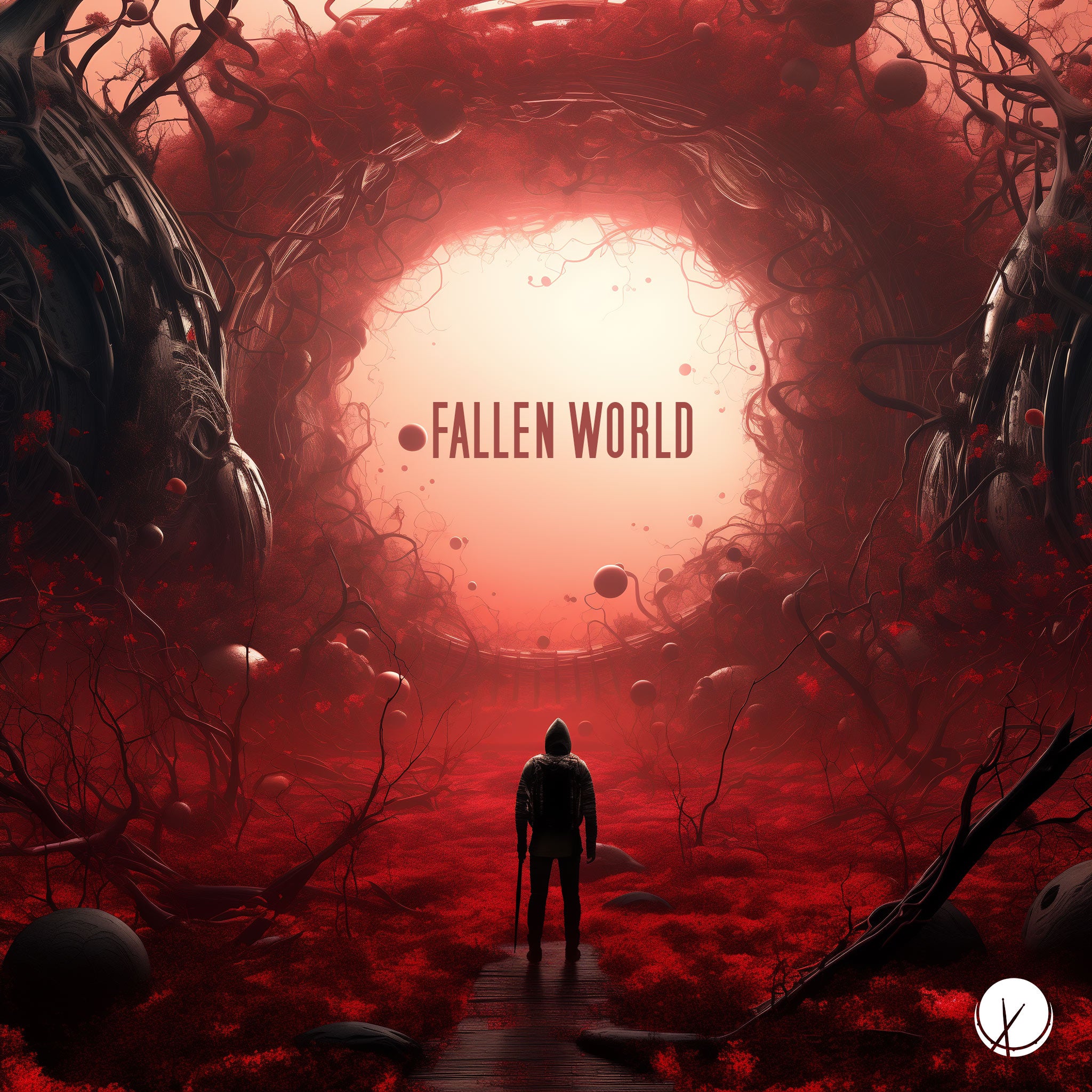 Visualizing a fallen world with a society in ruins, depicting a dystopian scene. A man stands in front of a portal overrun with weeds and plants, evoking a sense of desolation and decay, with a predominant red color palette.