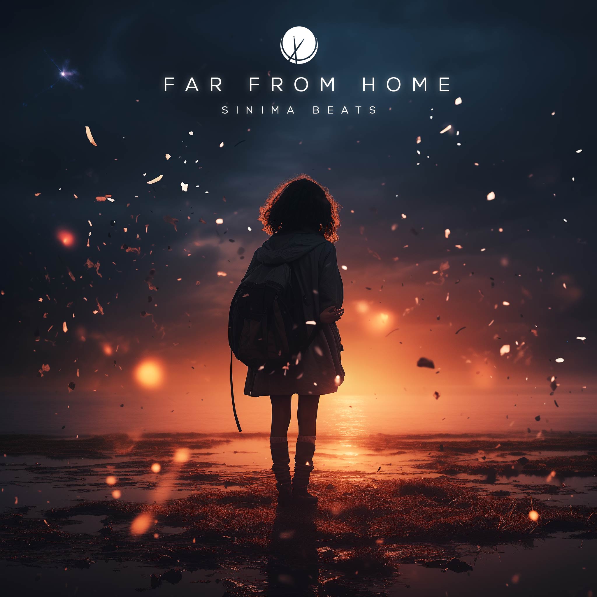 Far-From-Home: Young Girl with Backpack and Skirt Silhouette in Cinematic Scene with Dust and Particles on Dimly Lit Street in Fog.