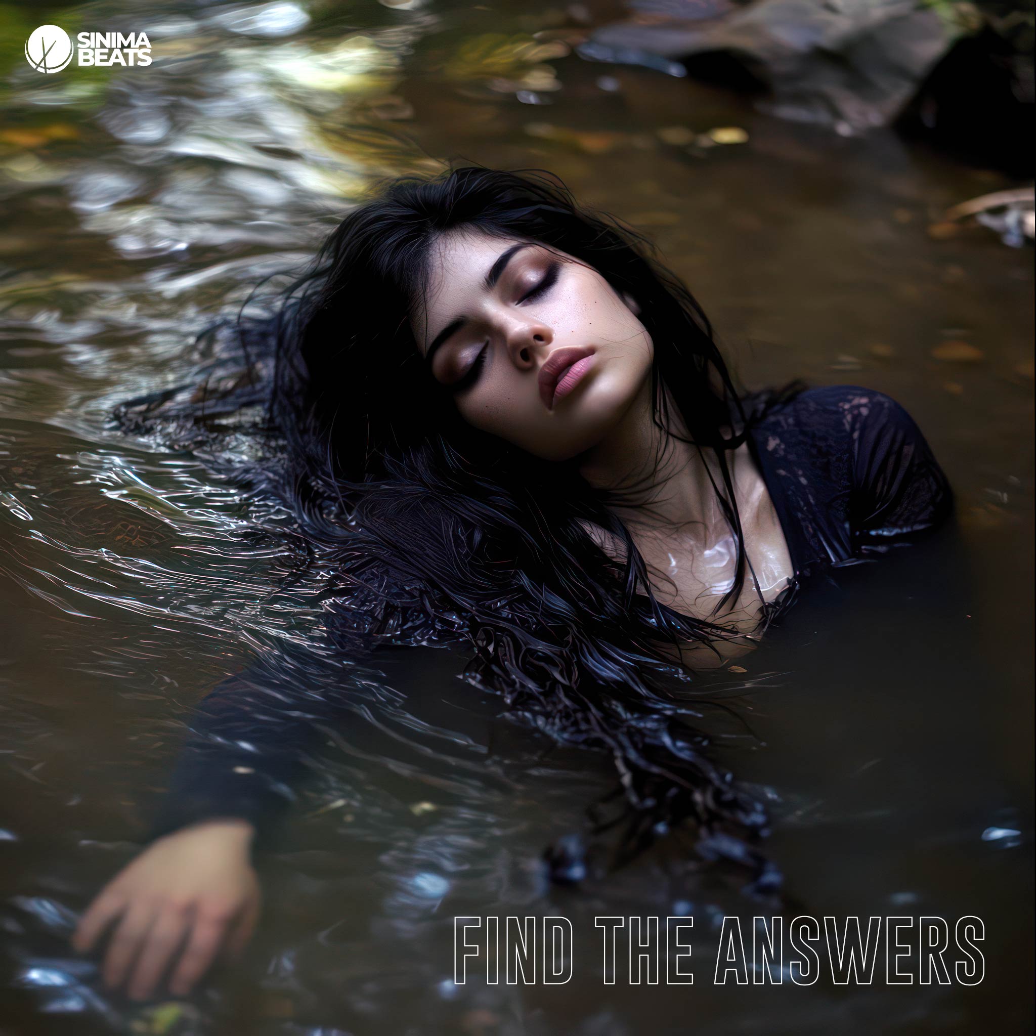 Cinematic close-up of a serene young woman with black hair and black dress, partially submerged in a river, conveying a sense of tranquility – Find the Answers