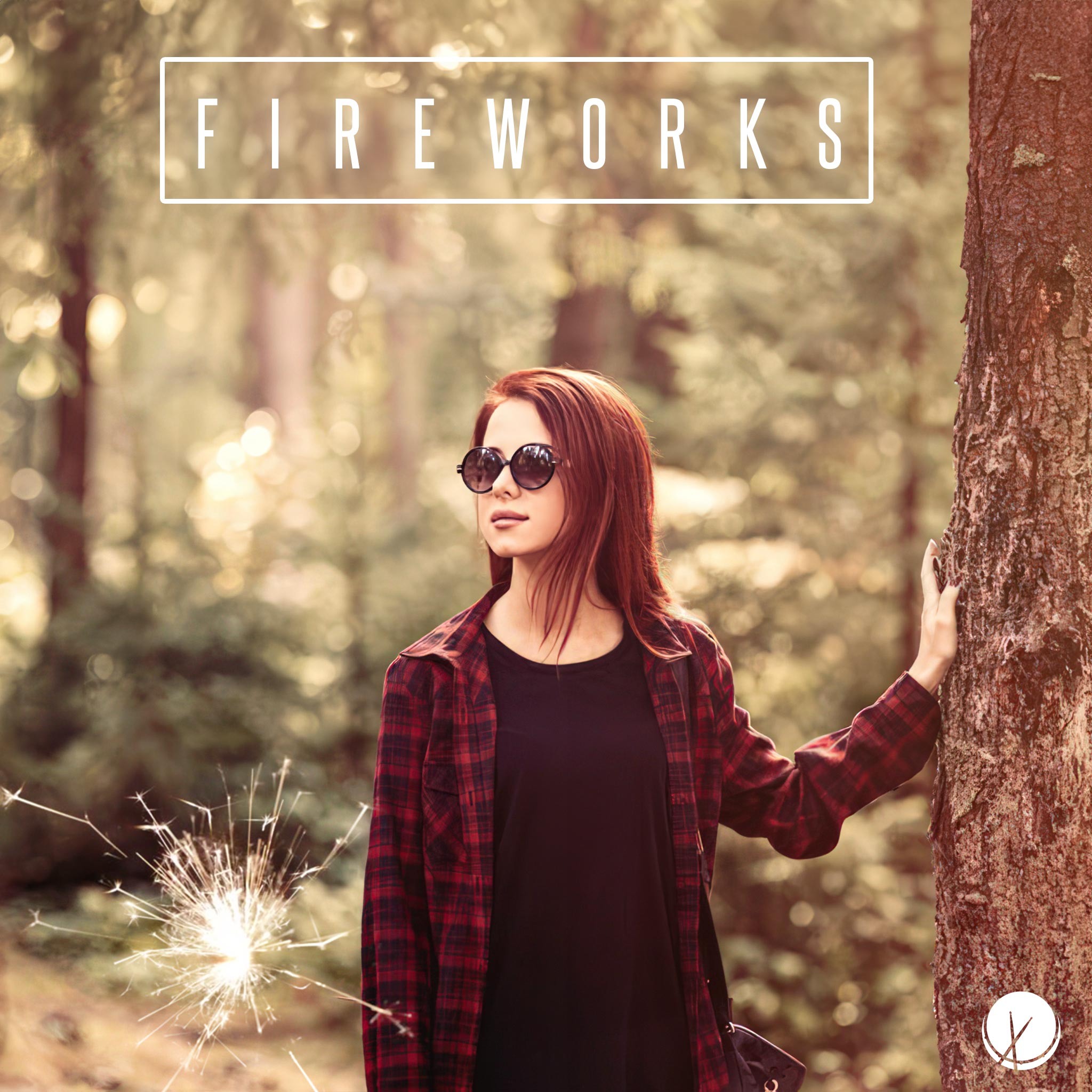 Attractive Young Woman with Red Hair Wearing Red and Black Flannel Dress Shirt over Black T-Shirt, Purse Shoulder Strap, Standing in Forest Daylight Looking Right and Holding a Lit Sparkler - Fireworks